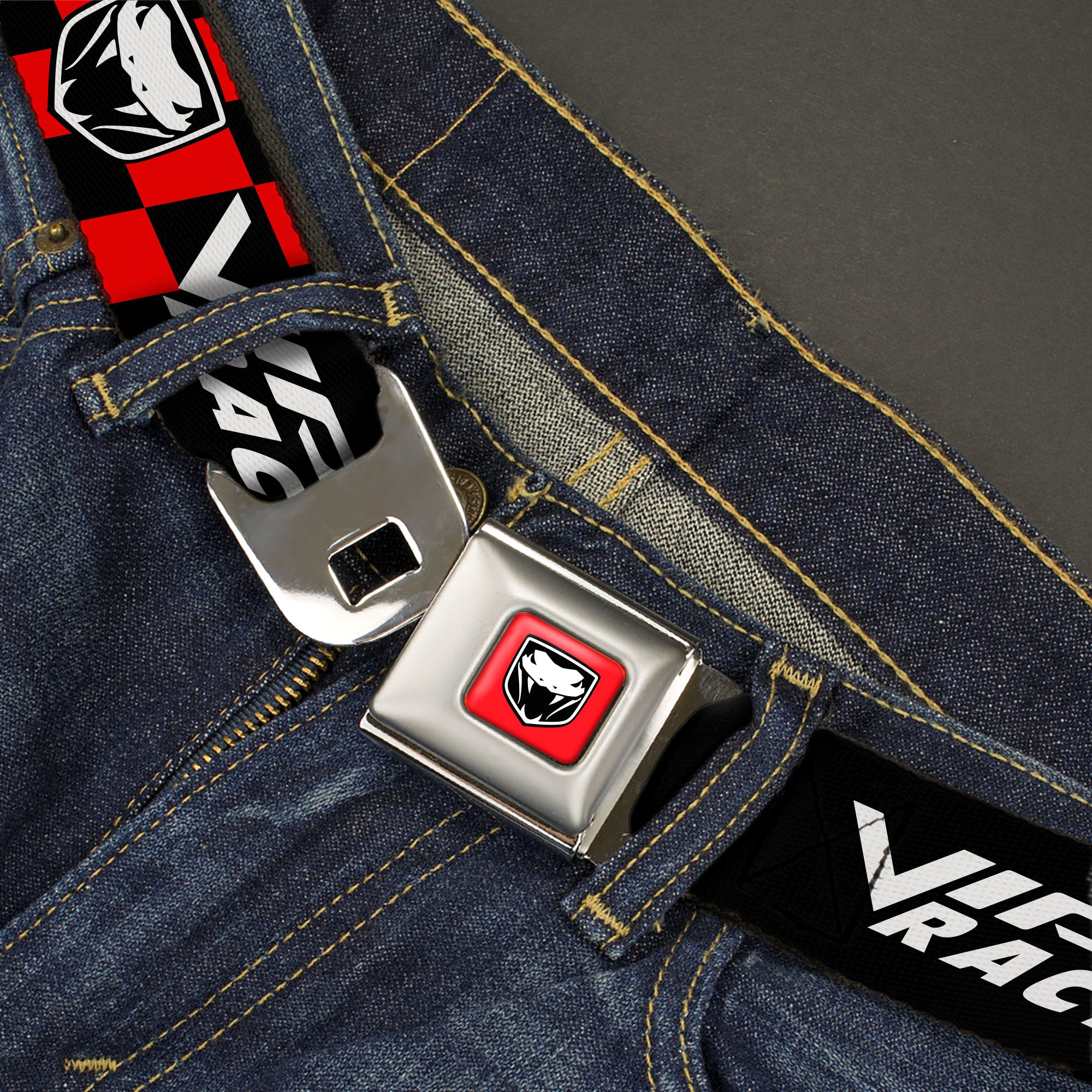 Viper Logo Full Color Red/Black/White Seatbelt Belt - VIPER RACING Logo Checker Black/Red/White Webbing