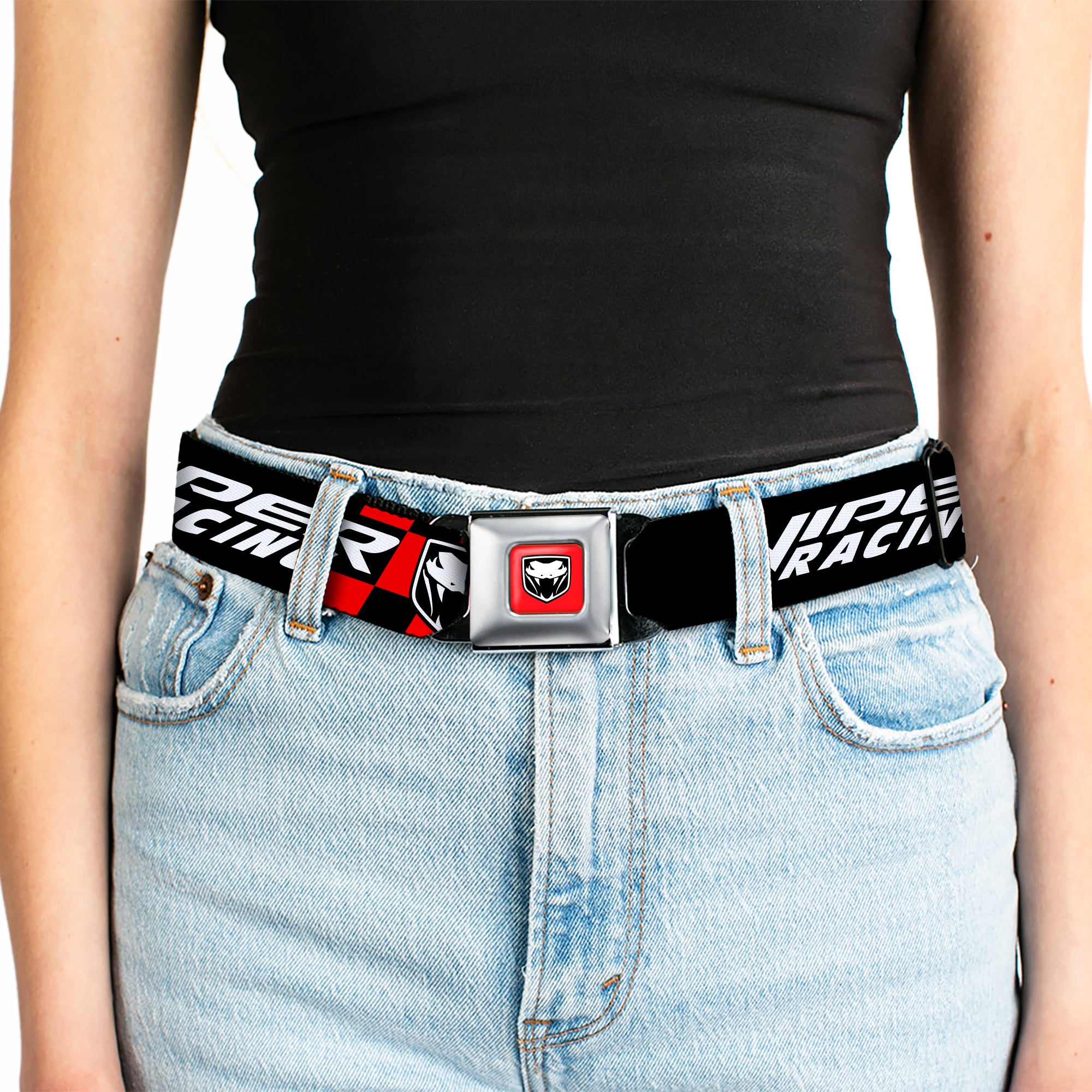 Viper Logo Full Color Red/Black/White Seatbelt Belt - VIPER RACING Logo Checker Black/Red/White Webbing