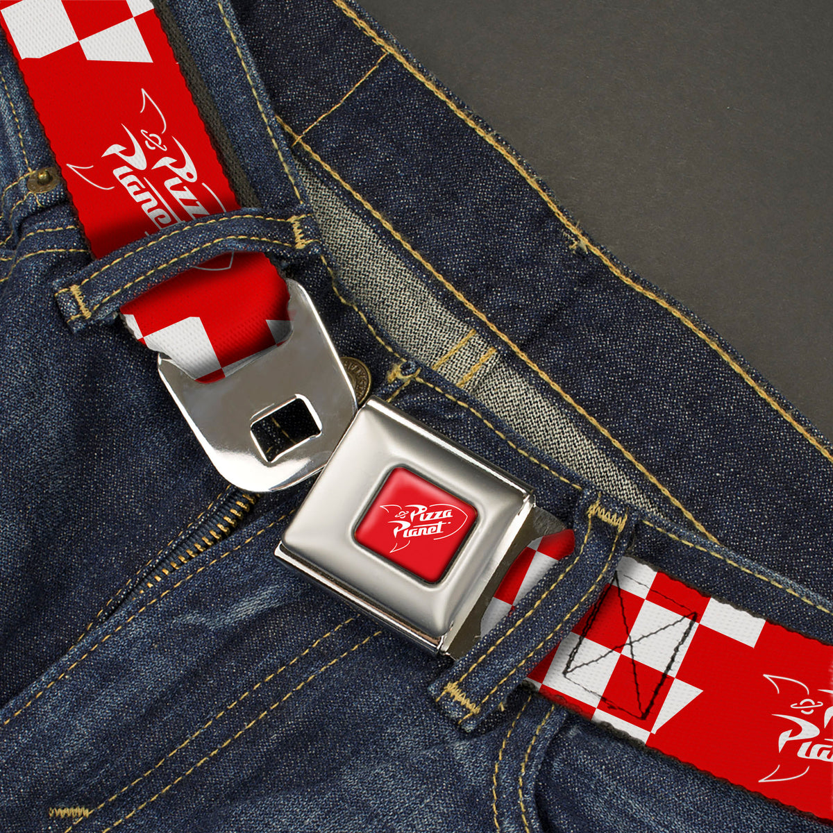 Toy Story PIZZA PLANET Logo Full Color Red/White Seatbelt Belt - Toy Story PIZZA PLANET Logo Checker Red/White Webbing