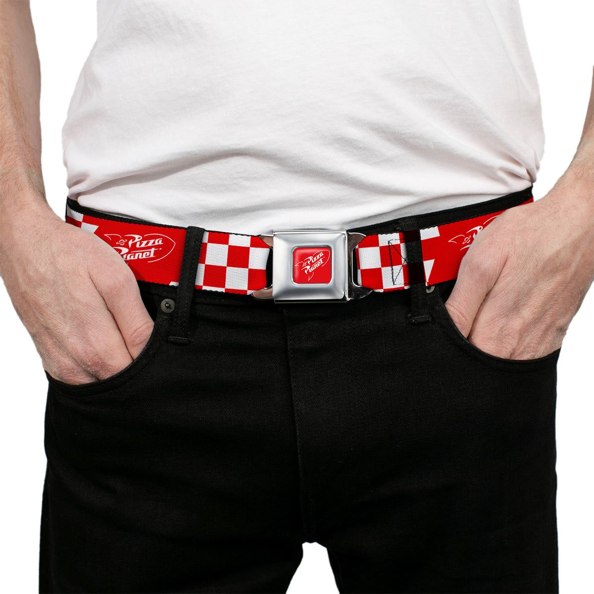 Toy Story PIZZA PLANET Logo Full Color Red/White Seatbelt Belt - Toy Story PIZZA PLANET Logo Checker Red/White Webbing
