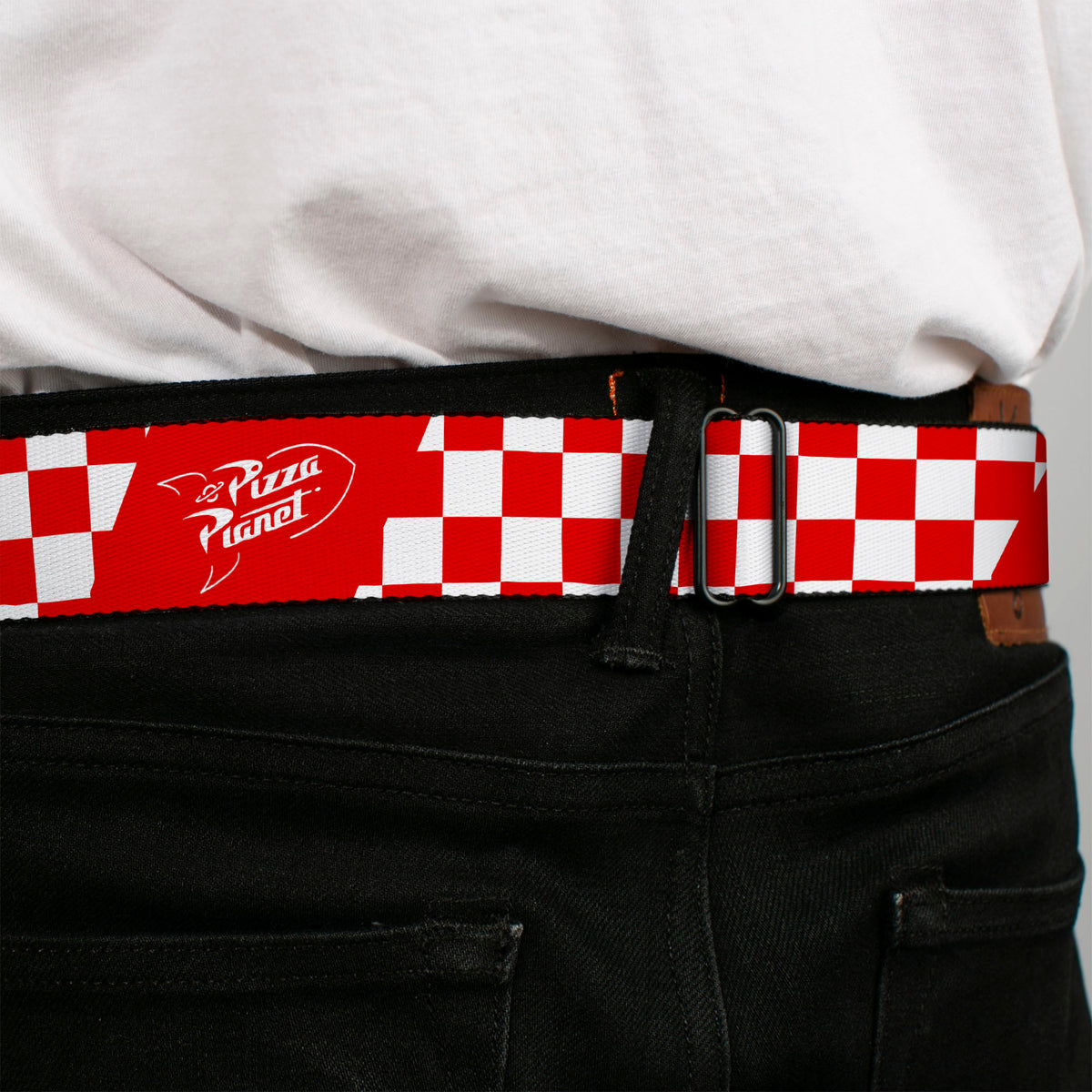 Toy Story PIZZA PLANET Logo Full Color Red/White Seatbelt Belt - Toy Story PIZZA PLANET Logo Checker Red/White Webbing