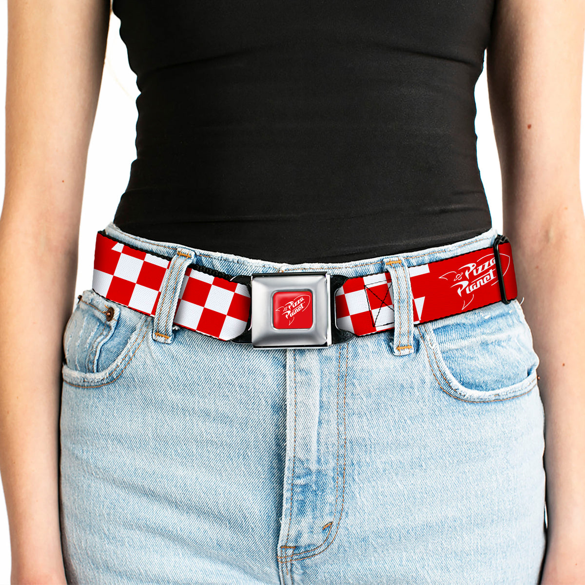Toy Story PIZZA PLANET Logo Full Color Red/White Seatbelt Belt - Toy Story PIZZA PLANET Logo Checker Red/White Webbing