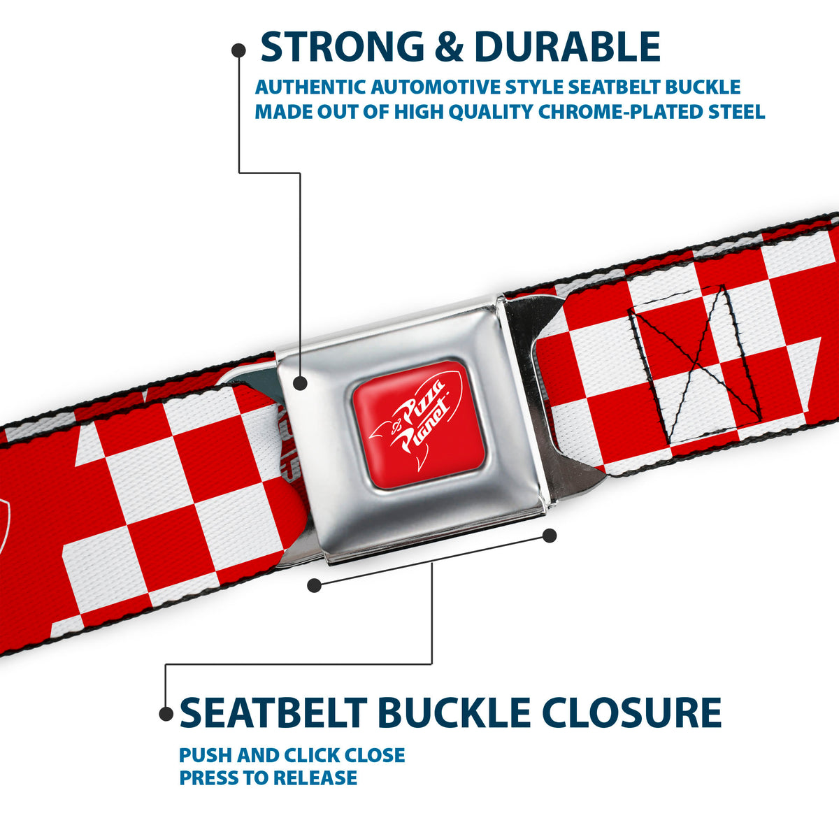 Toy Story PIZZA PLANET Logo Full Color Red/White Seatbelt Belt - Toy Story PIZZA PLANET Logo Checker Red/White Webbing