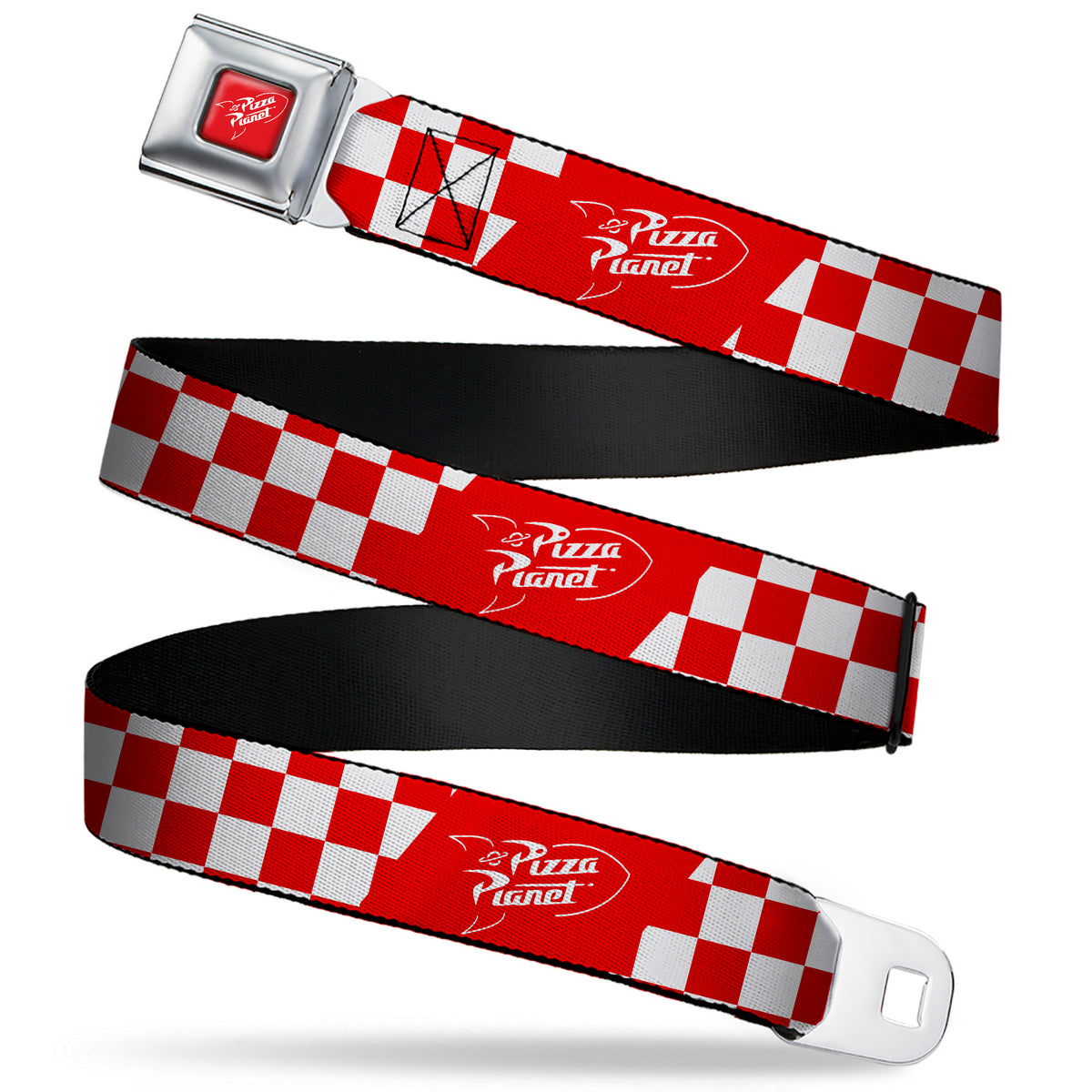 Toy Story PIZZA PLANET Logo Full Color Red/White Seatbelt Belt - Toy Story PIZZA PLANET Logo Checker Red/White Webbing
