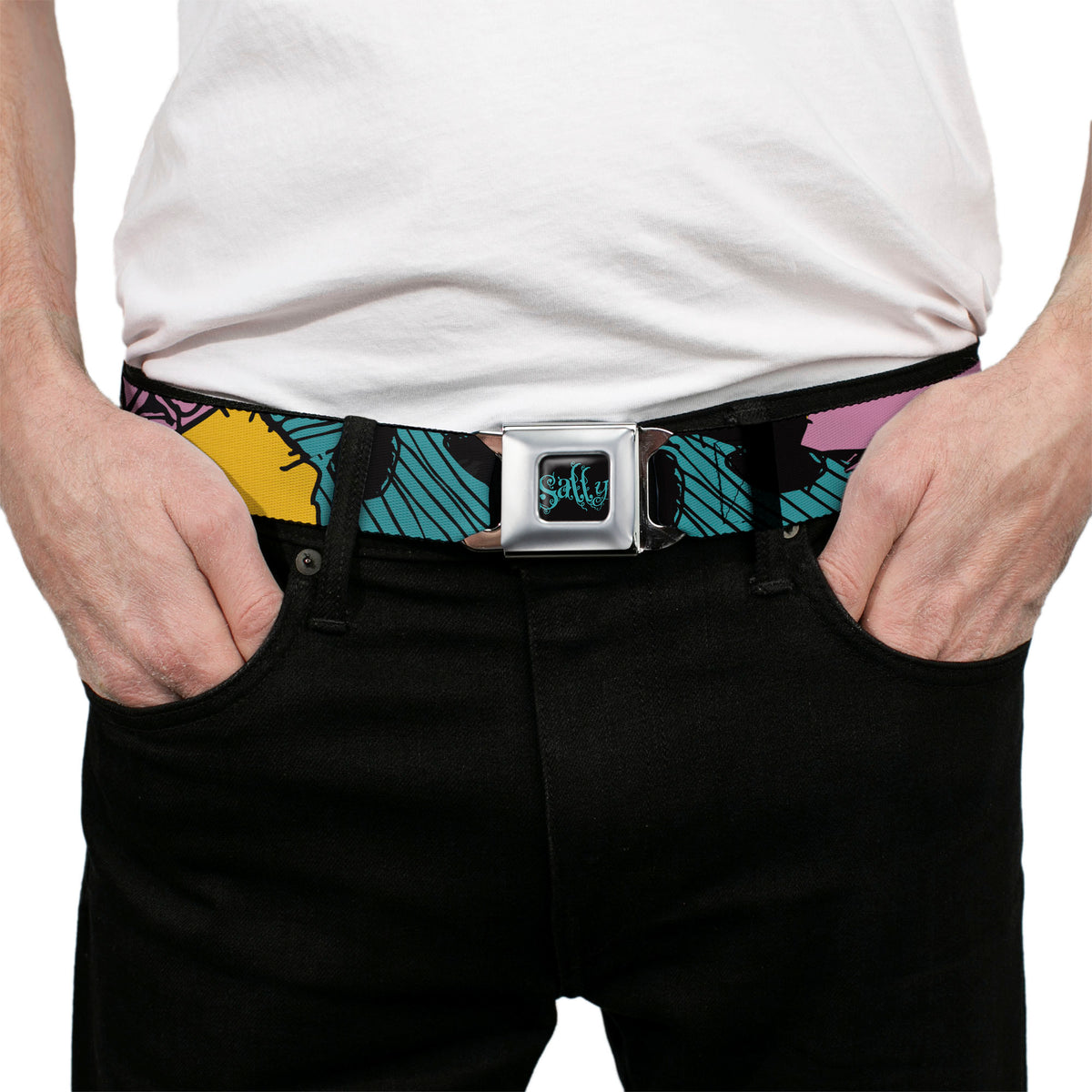 Nightmare Before Christmas SALLY Text Black/Teal Seatbelt Belt - Nightmare Before Christmas Sally Dress Patchwork Webbing