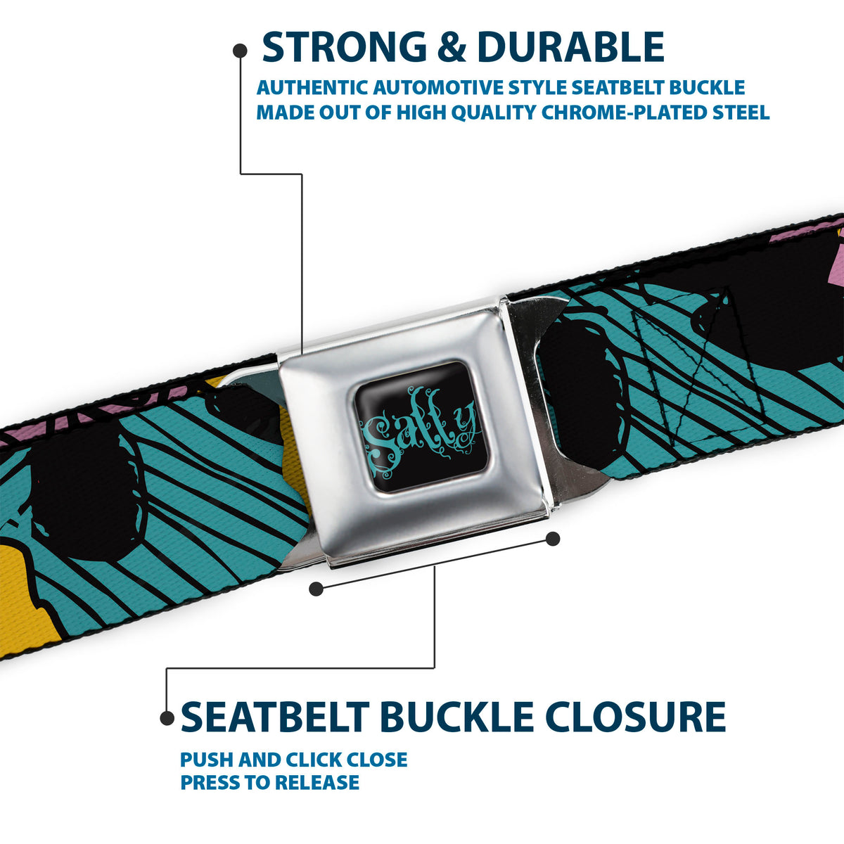 Nightmare Before Christmas SALLY Text Black/Teal Seatbelt Belt - Nightmare Before Christmas Sally Dress Patchwork Webbing