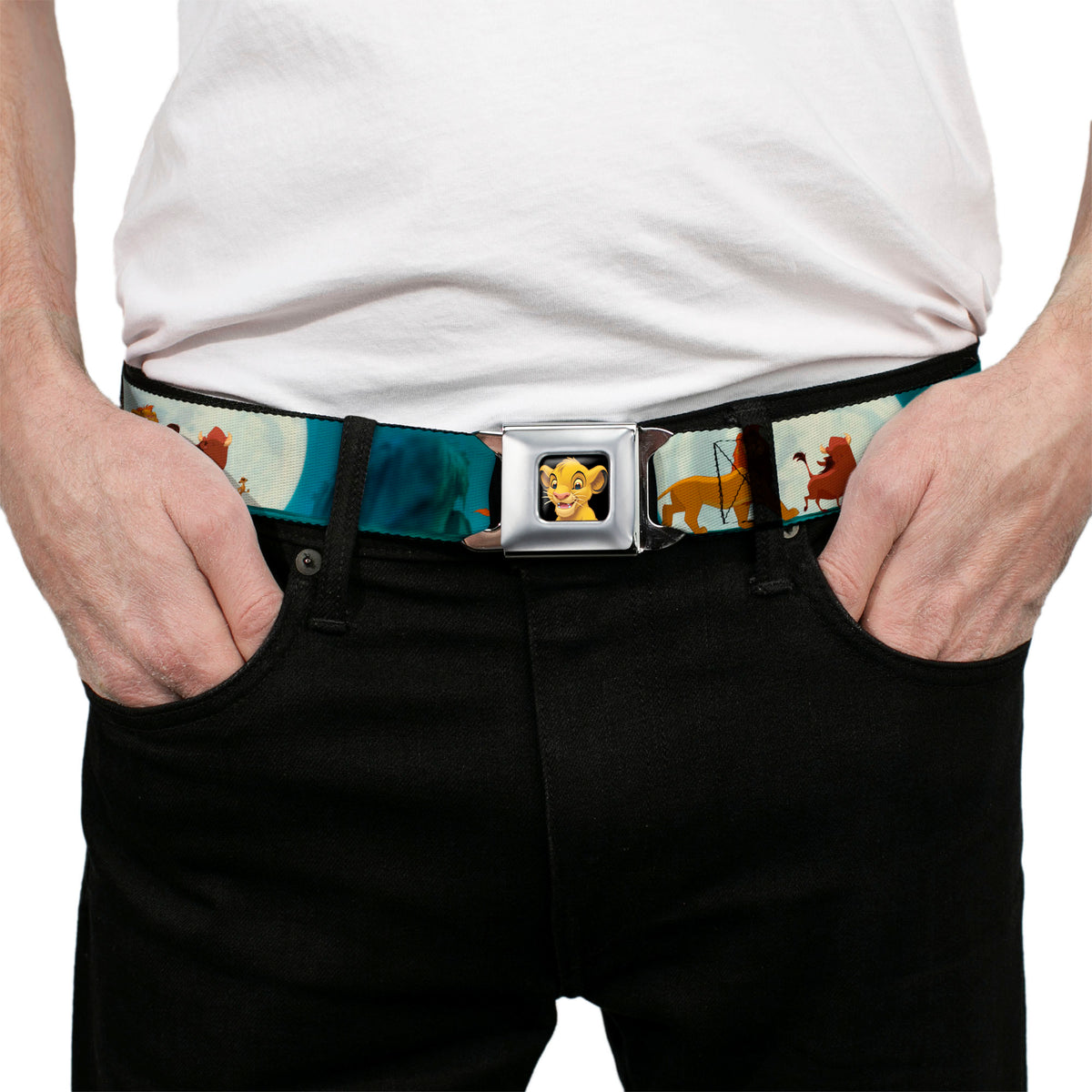 Simba2 CLOSE-UP Full Color Seatbelt Belt - Lion King Simba, Pumba & Timon Growing Up Webbing