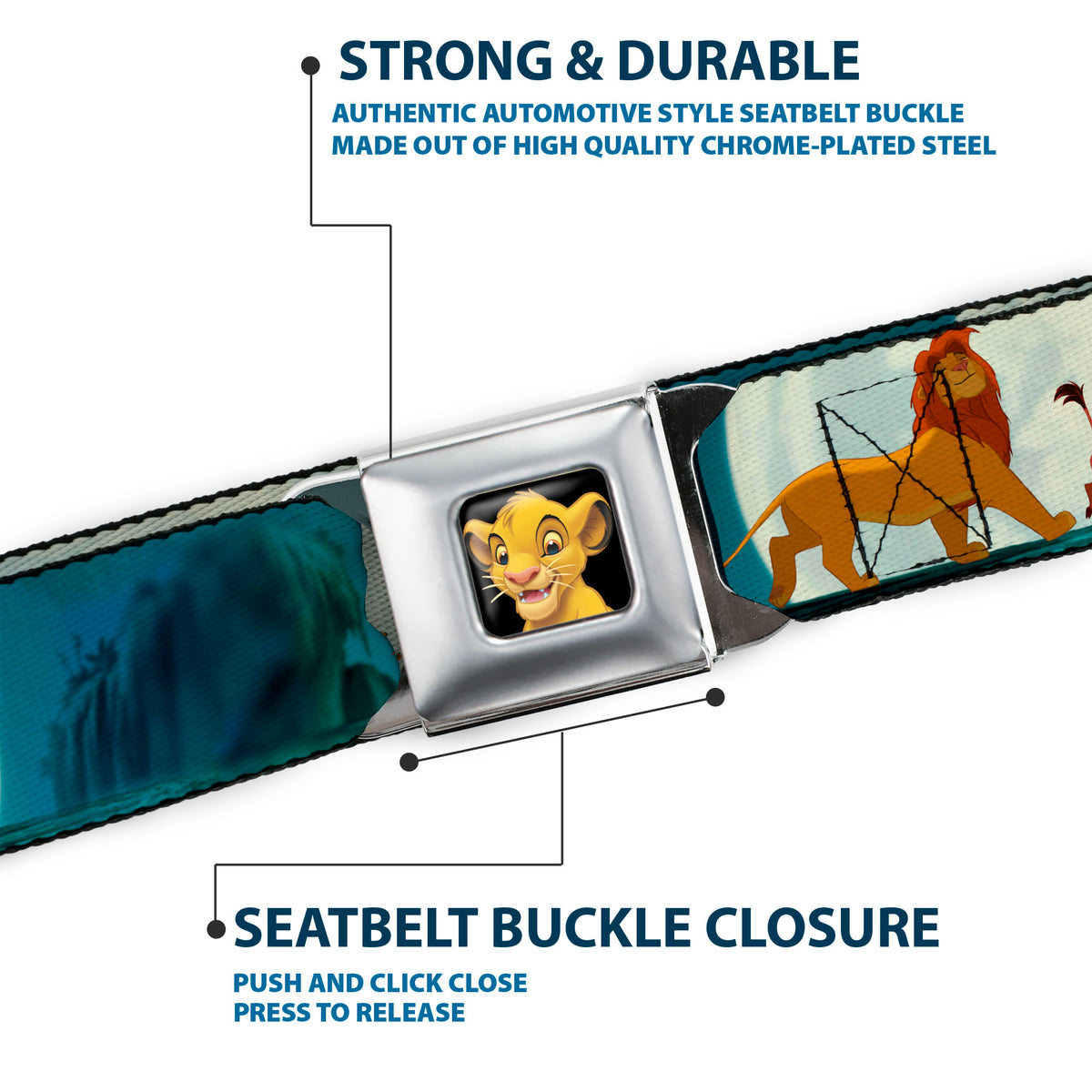 Simba2 CLOSE-UP Full Color Seatbelt Belt - Lion King Simba, Pumba & Timon Growing Up Webbing
