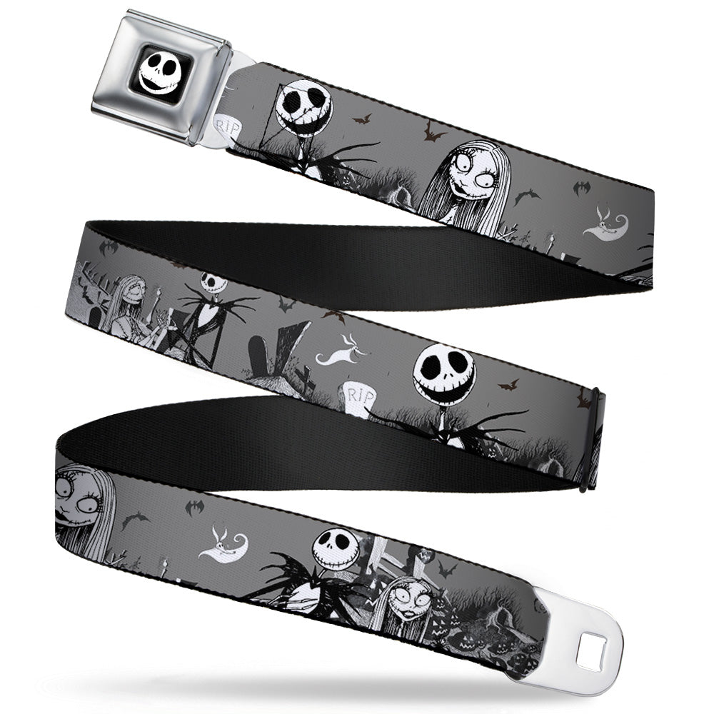 Jack Expression7 Full Color Seatbelt Belt - Nightmare Before Christmas Jack & Sally Cemetery Scene Gray/Black/White Webbing