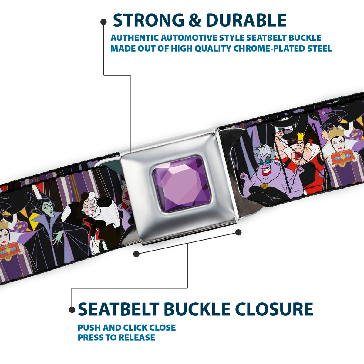 Princess Gem CLOSE-UP Full Color Purple Seatbelt Belt - 5-Disney Villains Stacked Webbing