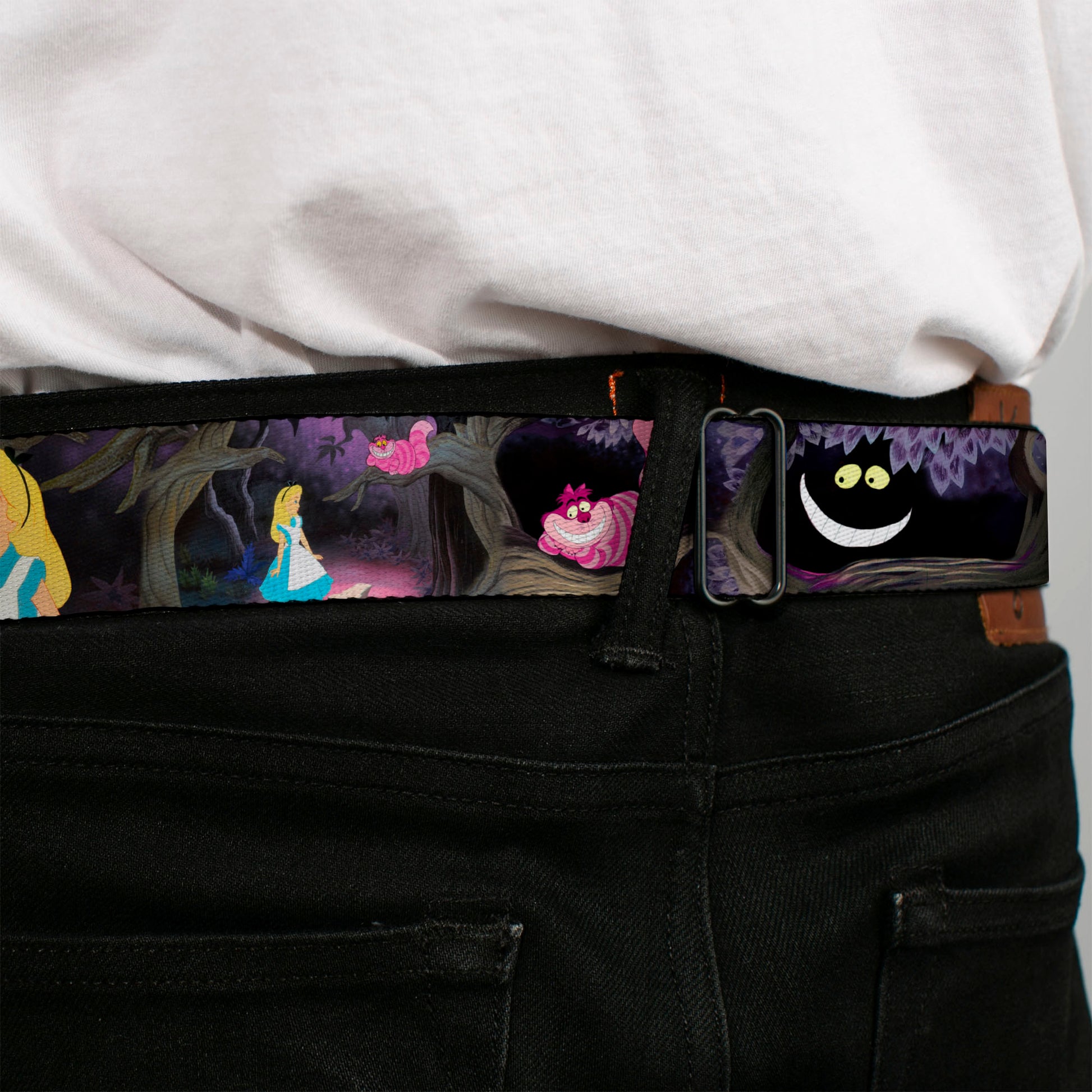 Cheshire Cat Face Full Color Black Seatbelt Belt - Alice & the Cheshire Cat Scenes Webbing Seatbelt Belts Disney