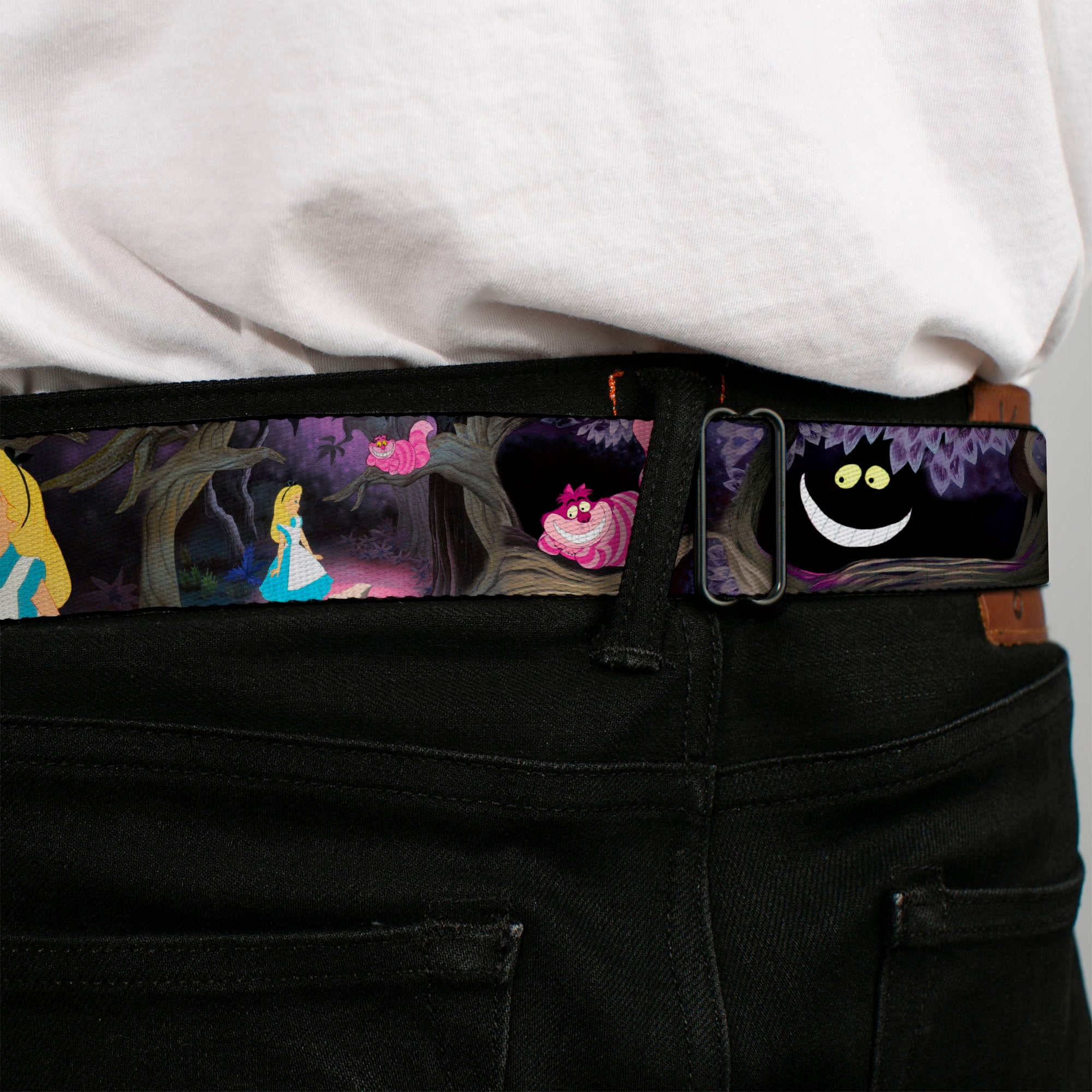 Cheshire Cat Face Full Color Black Seatbelt Belt - Alice & the Cheshire Cat Scenes Webbing Seatbelt Belts Disney
