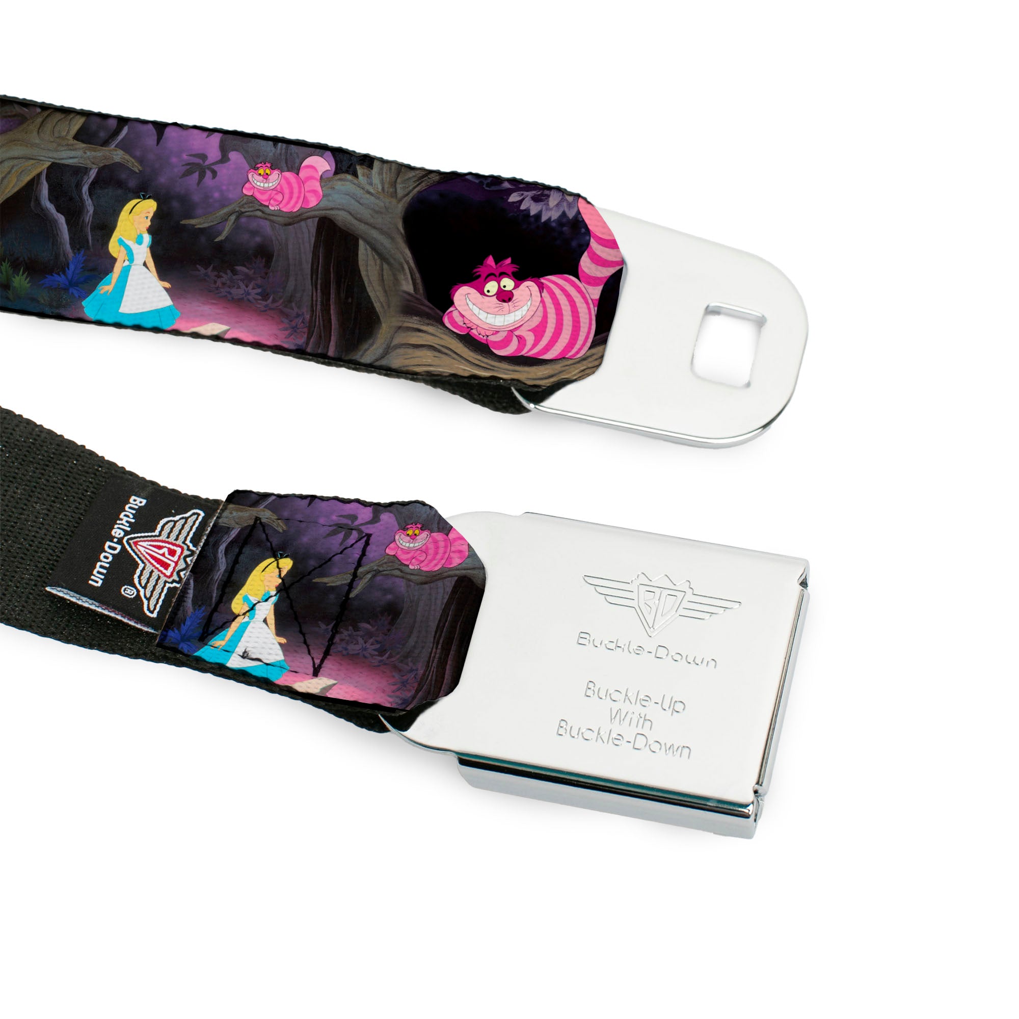 Cheshire Cat Face Full Color Black Seatbelt Belt - Alice & the Cheshire Cat Scenes Webbing Seatbelt Belts Disney