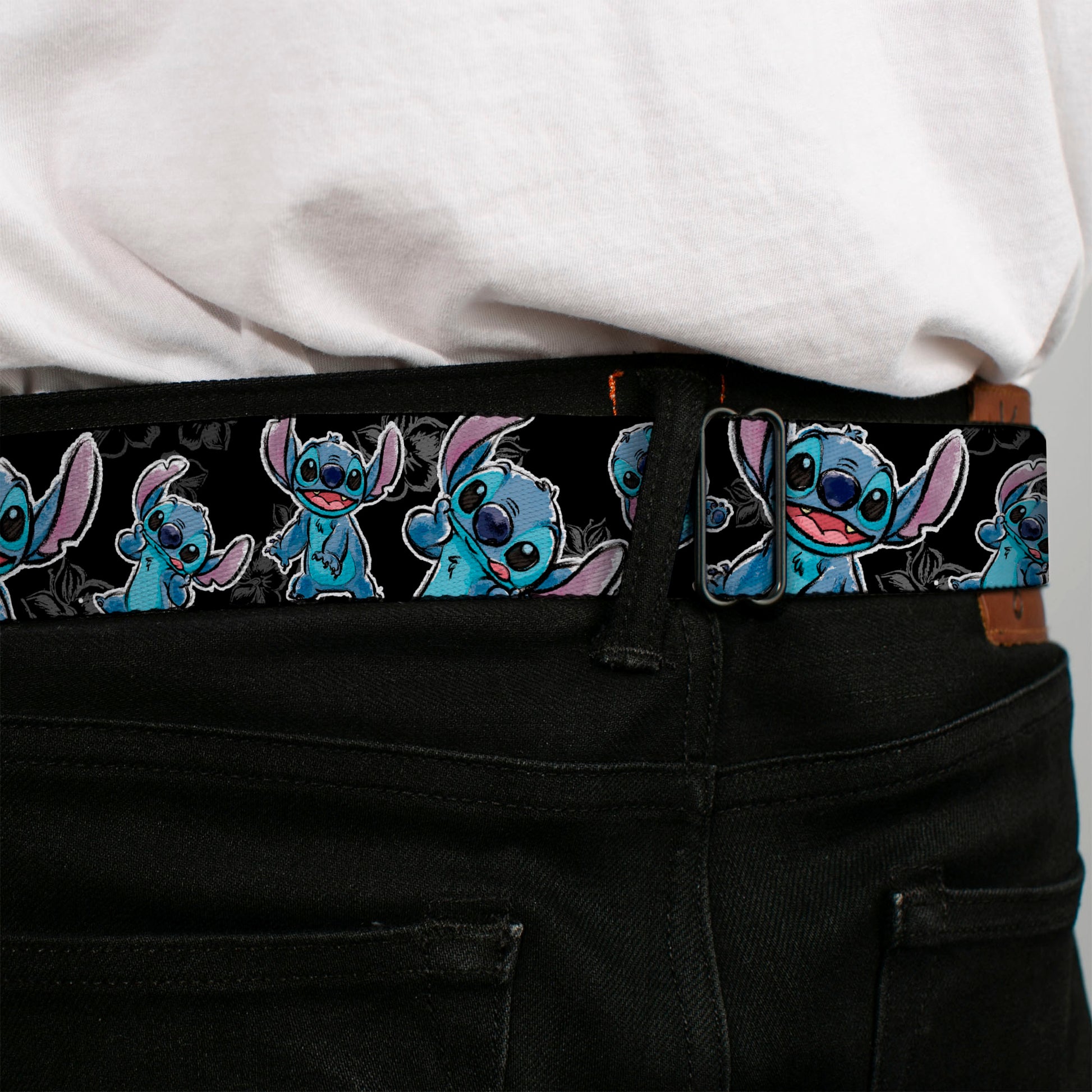 Stitch Face Sketch CLOSE-UP Full Color Black Seatbelt Belt - Stitch Poses/Hibiscus Sketch Black/Gray/Blue Webbing Seatbelt Belts Disney