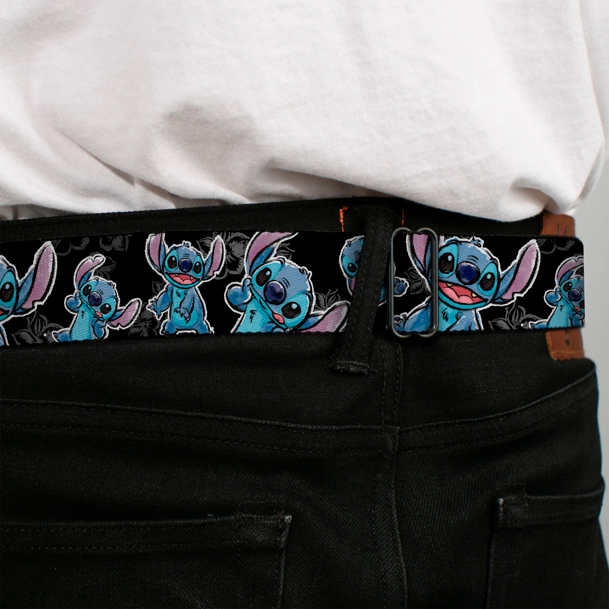 Stitch Face Sketch CLOSE-UP Full Color Black Seatbelt Belt - Stitch Poses/Hibiscus Sketch Black/Gray/Blue Webbing Seatbelt Belts Disney