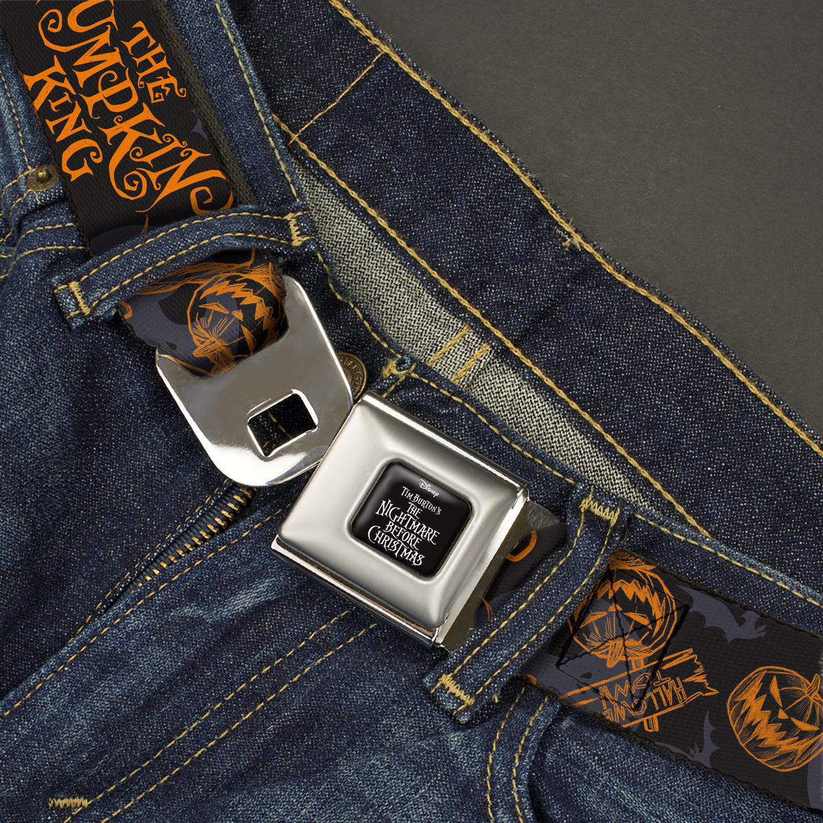 THE NIGHTMARE BEFORE CHRISTMAS Title Logo Full Color Black/White Seatbelt Belt - The Nightmare Before Christmas THE PUMPKIN KING Poses Black/Orange Webbing