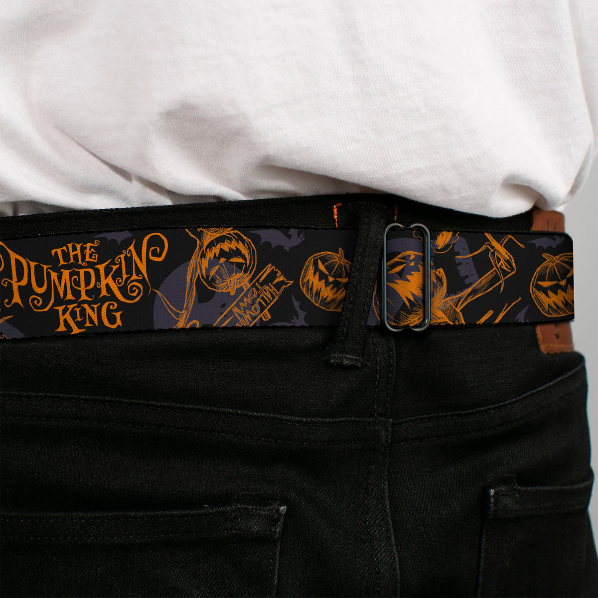 THE NIGHTMARE BEFORE CHRISTMAS Title Logo Full Color Black/White Seatbelt Belt - The Nightmare Before Christmas THE PUMPKIN KING Poses Black/Orange Webbing
