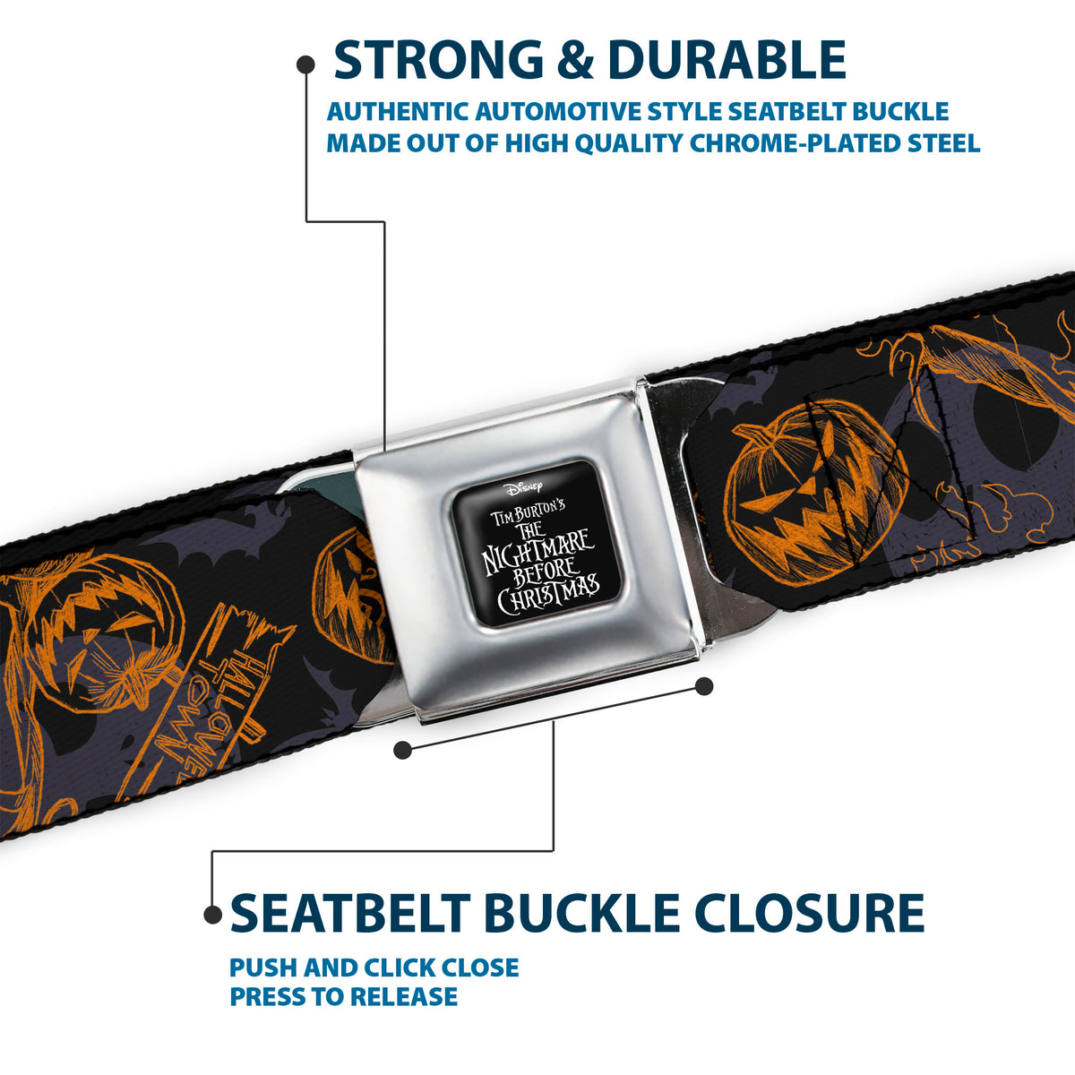 THE NIGHTMARE BEFORE CHRISTMAS Title Logo Full Color Black/White Seatbelt Belt - The Nightmare Before Christmas THE PUMPKIN KING Poses Black/Orange Webbing