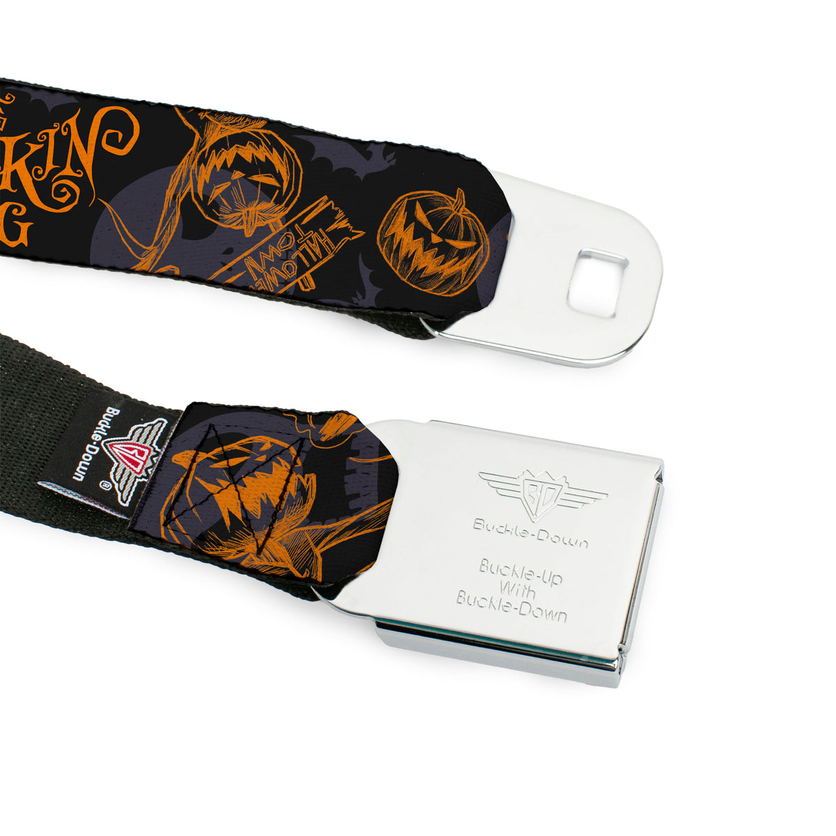 THE NIGHTMARE BEFORE CHRISTMAS Title Logo Full Color Black/White Seatbelt Belt - The Nightmare Before Christmas THE PUMPKIN KING Poses Black/Orange Webbing