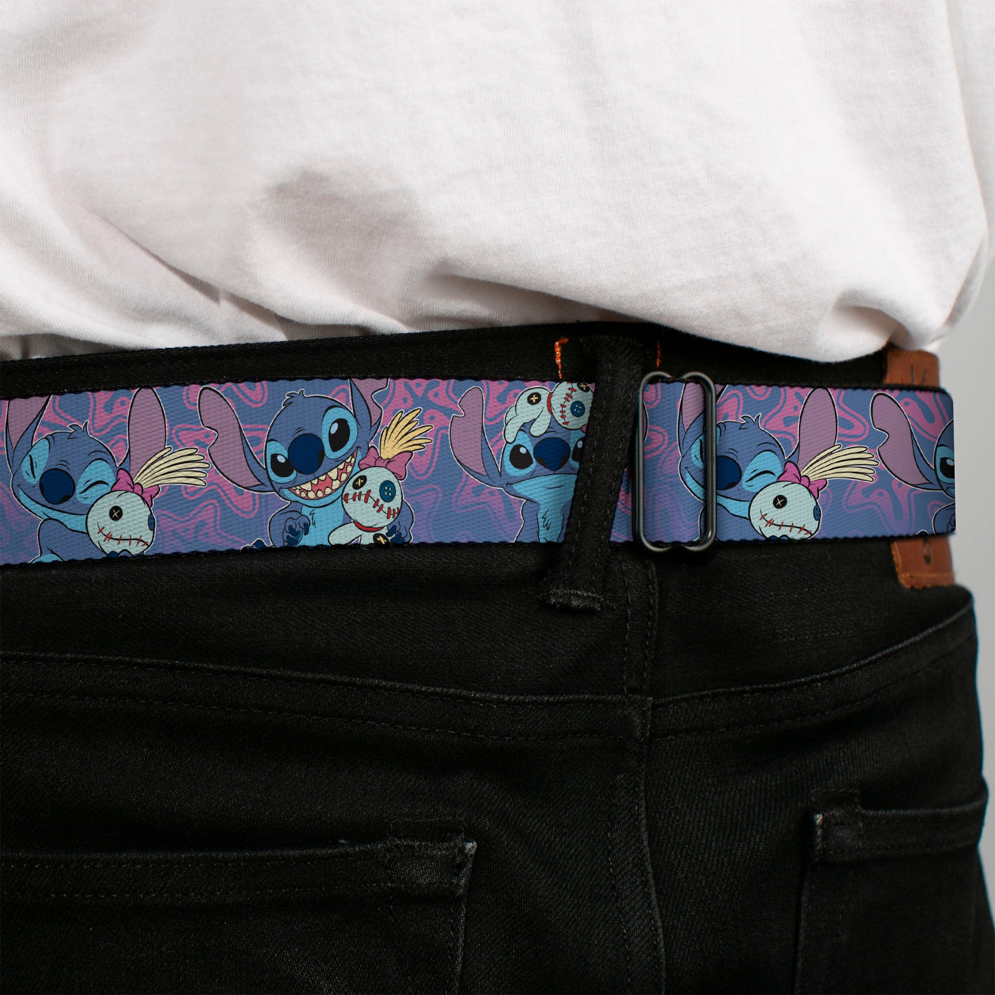 LILO & STITCH Title Logo Full Color Blues Seatbelt Belt - Lilo & Stitch Stitch and Scrump Poses Blues/Purples Webbing Seatbelt Belts Disney