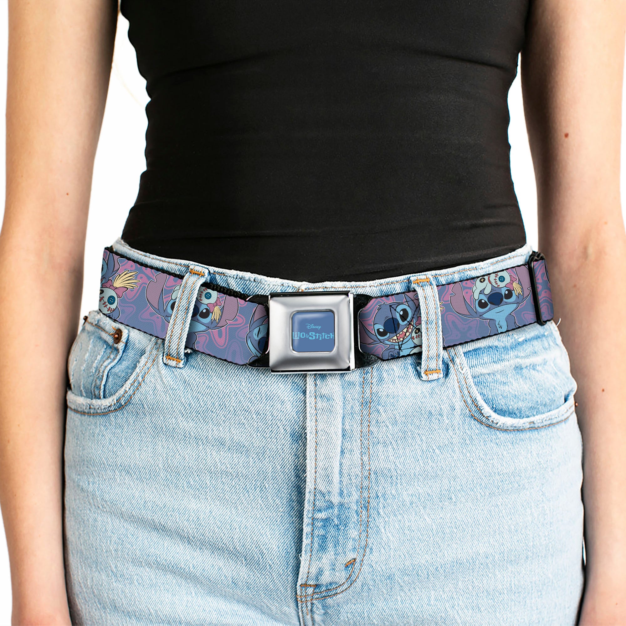 LILO & STITCH Title Logo Full Color Blues Seatbelt Belt - Lilo & Stitch Stitch and Scrump Poses Blues/Purples Webbing Seatbelt Belts Disney