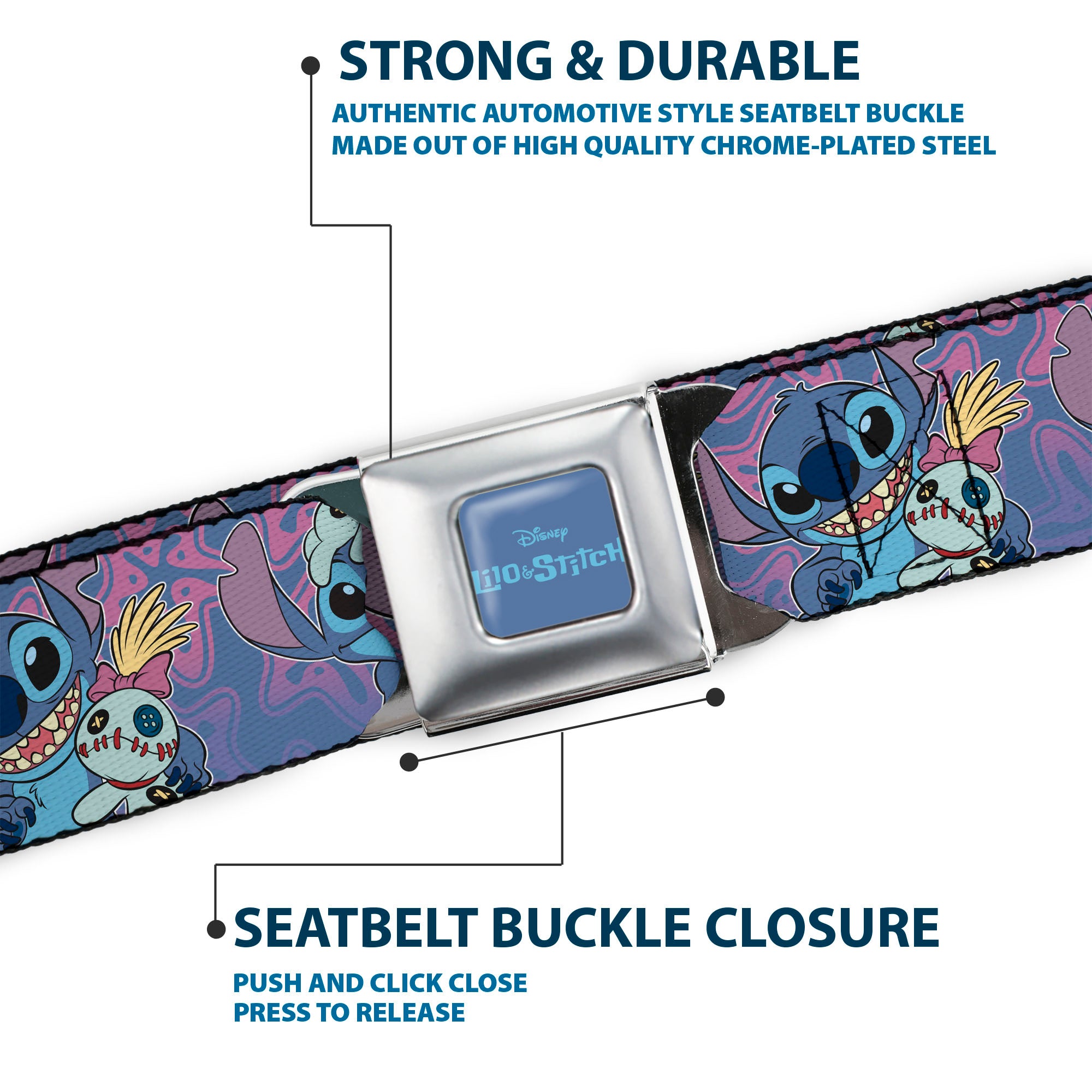 LILO & STITCH Title Logo Full Color Blues Seatbelt Belt - Lilo & Stitch Stitch and Scrump Poses Blues/Purples Webbing Seatbelt Belts Disney