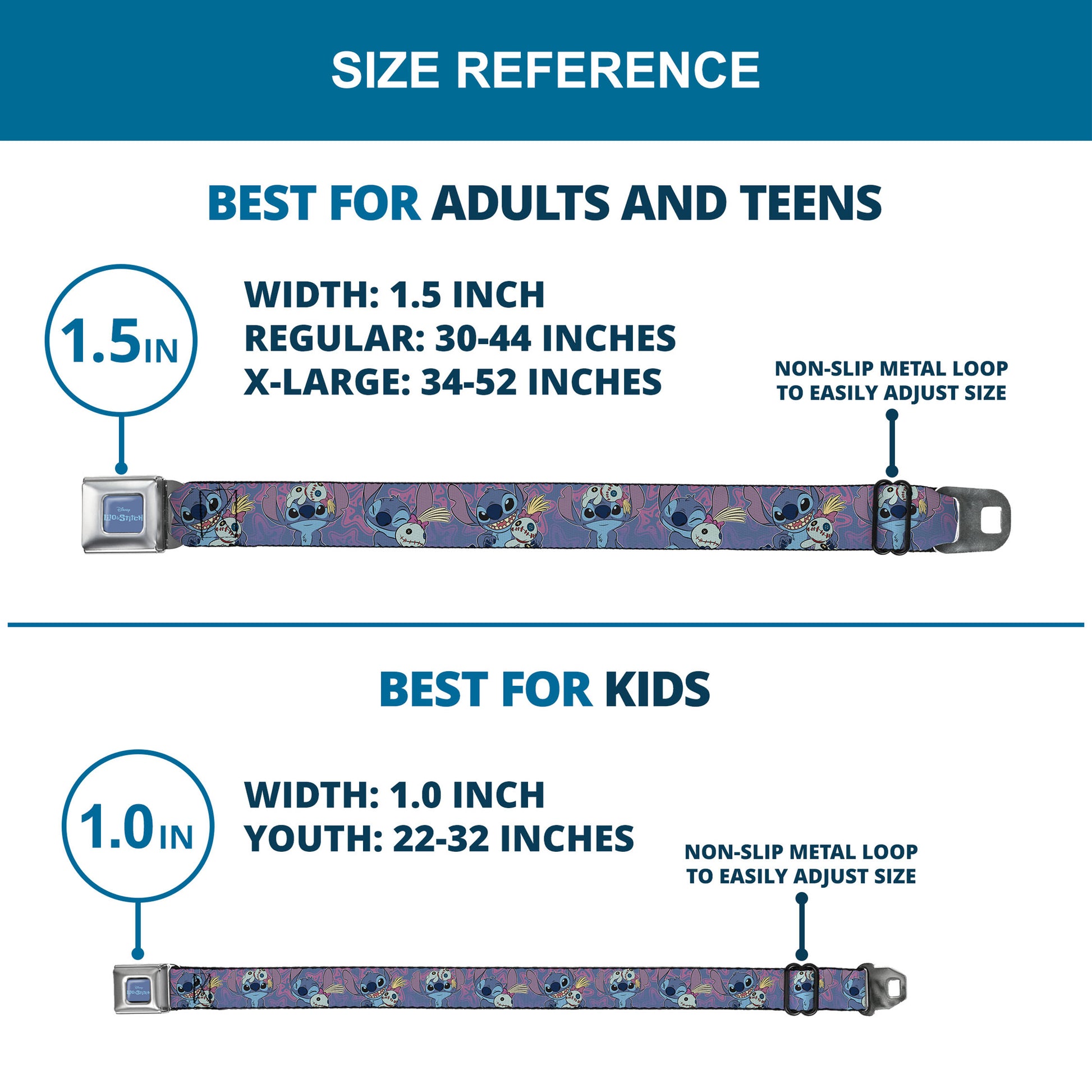 LILO & STITCH Title Logo Full Color Blues Seatbelt Belt - Lilo & Stitch Stitch and Scrump Poses Blues/Purples Webbing Seatbelt Belts Disney