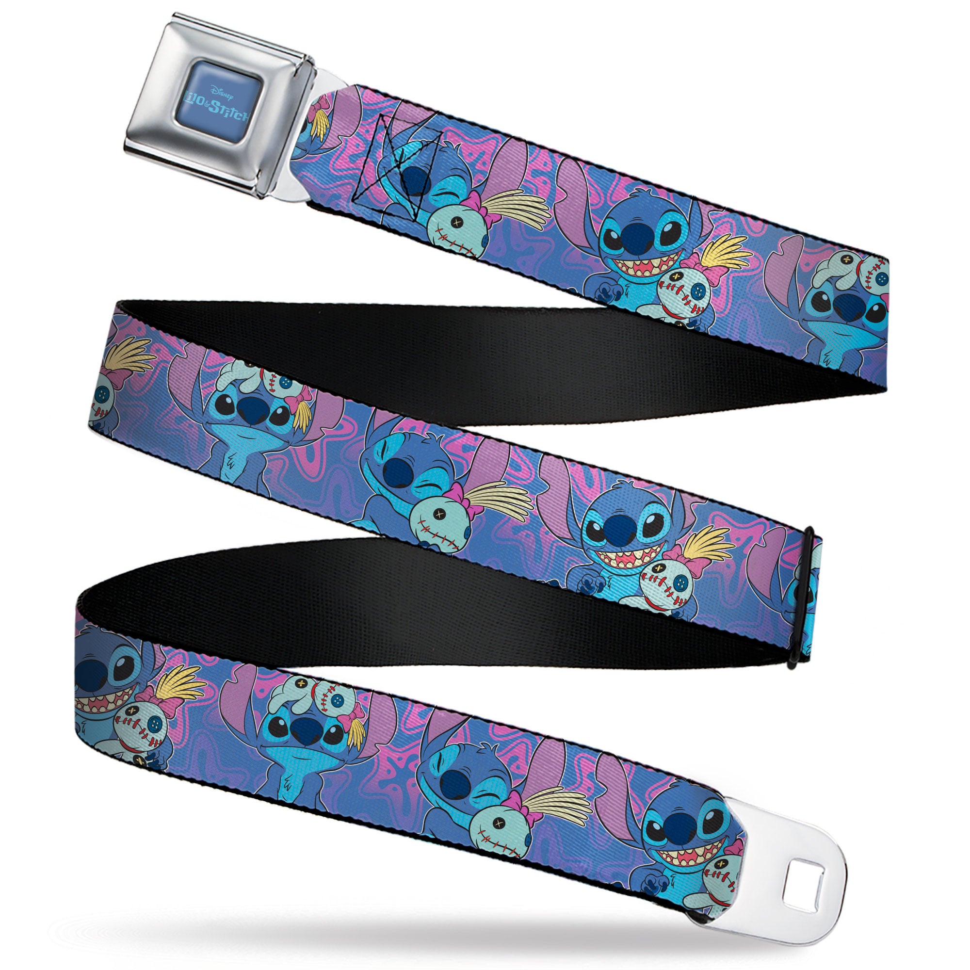 LILO & STITCH Title Logo Full Color Blues Seatbelt Belt - Lilo & Stitch Stitch and Scrump Poses Blues/Purples Webbing Seatbelt Belts Disney