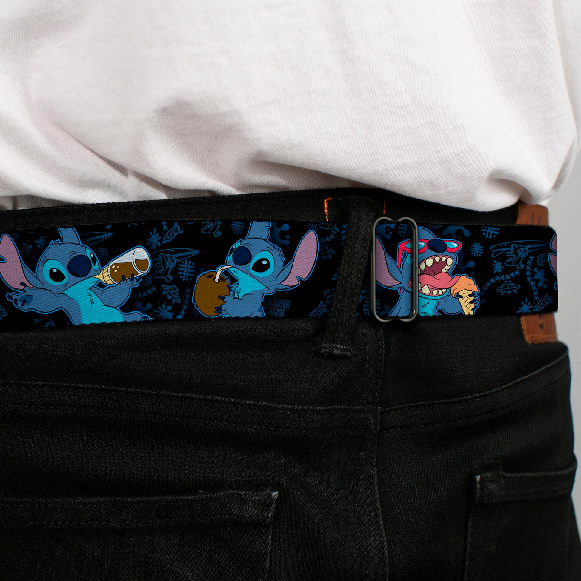 Stitch Smiling CLOSE-UP Full Color Seatbelt Belt - Stitch Snacking Poses Black/Blue Webbing Seatbelt Belts Disney