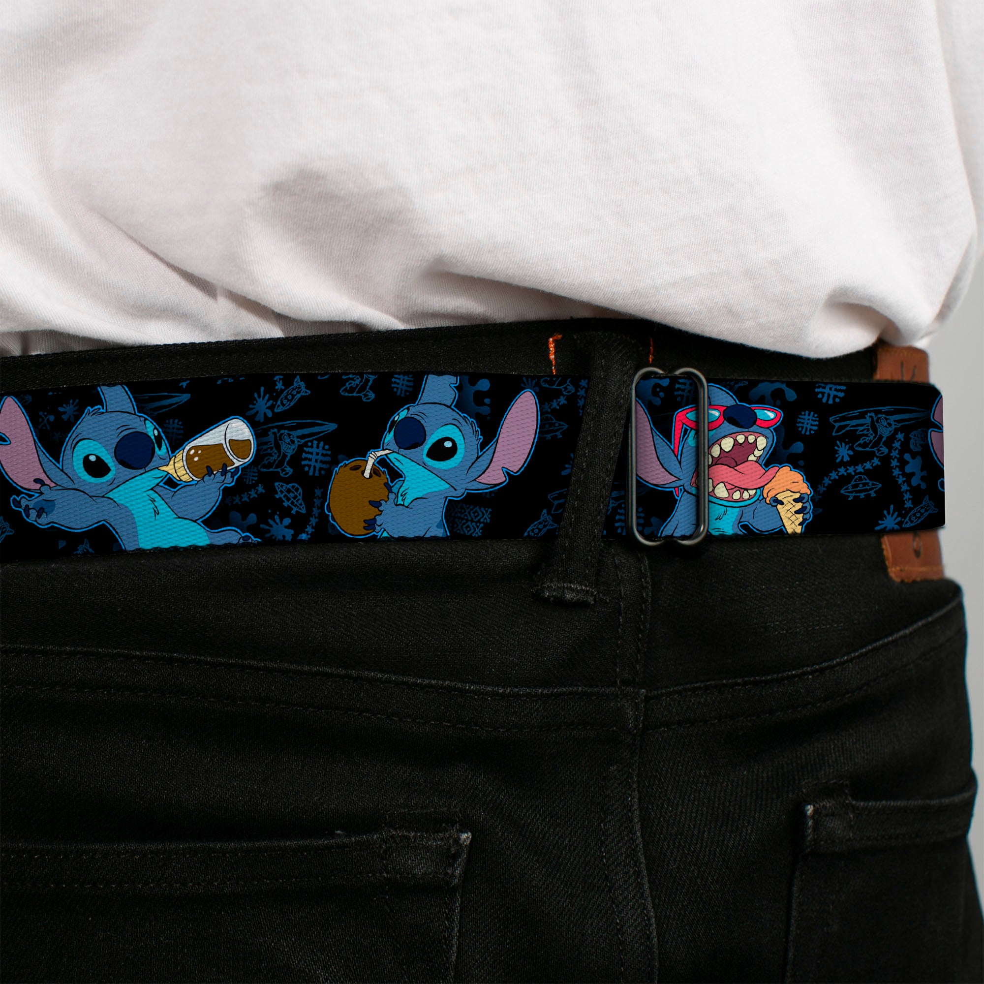 Stitch Smiling CLOSE-UP Full Color Seatbelt Belt - Stitch Snacking Poses Black/Blue Webbing Seatbelt Belts Disney