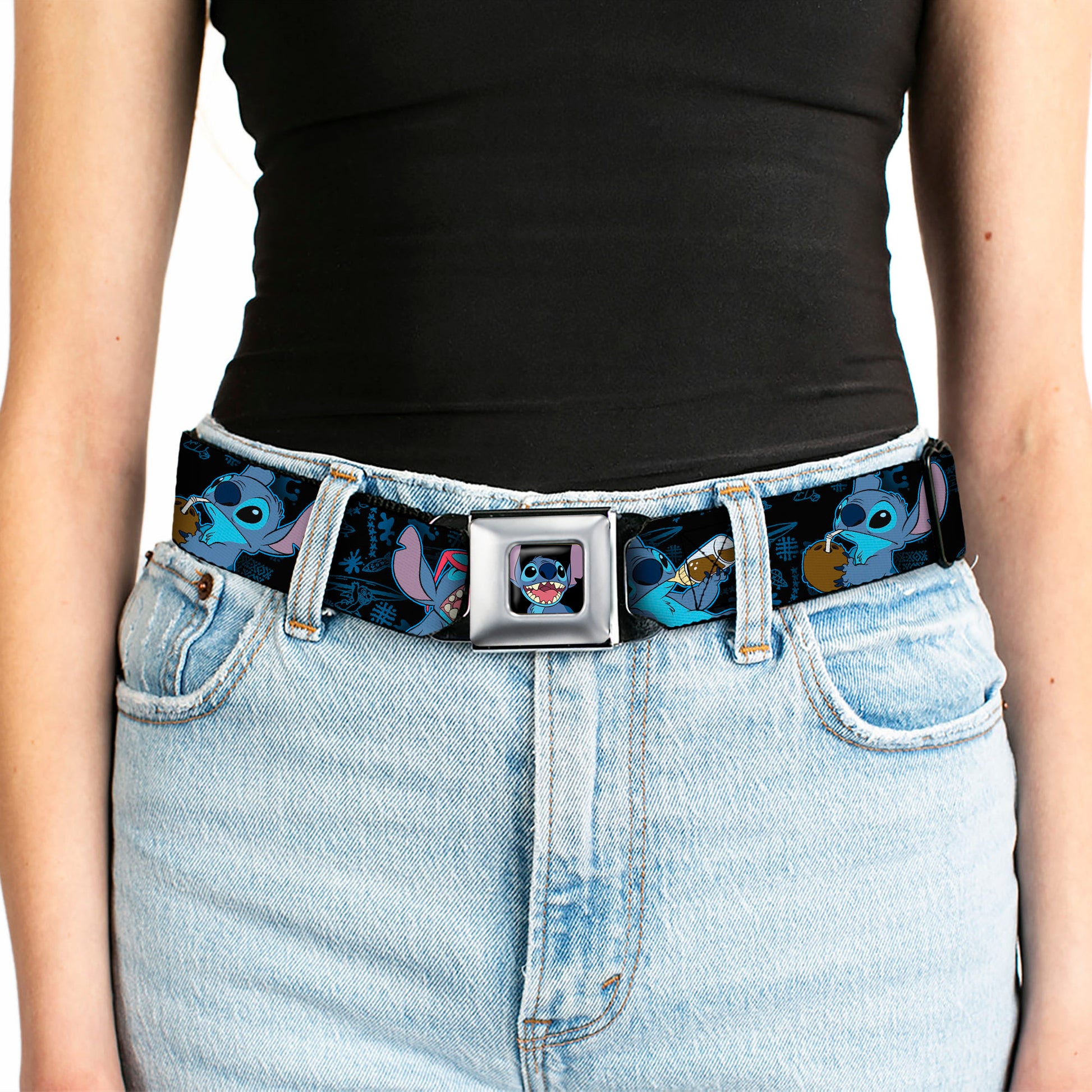 Stitch Smiling CLOSE-UP Full Color Seatbelt Belt - Stitch Snacking Poses Black/Blue Webbing Seatbelt Belts Disney