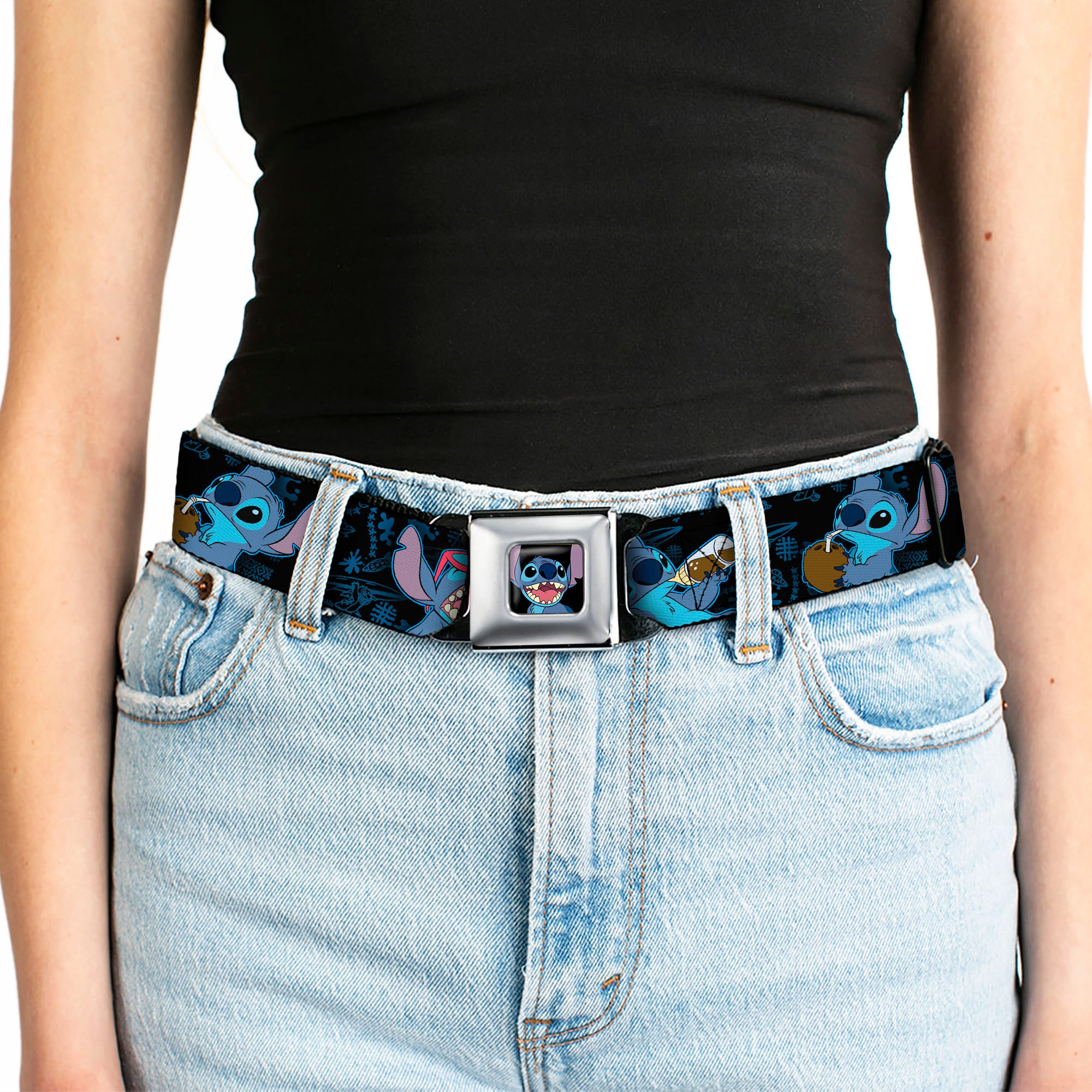 Stitch Smiling CLOSE-UP Full Color Seatbelt Belt - Stitch Snacking Poses Black/Blue Webbing Seatbelt Belts Disney