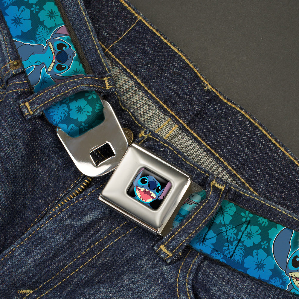 Stitch Smiling CLOSE-UP Full Color Black Seatbelt Belt - Stitch Expressions/Hibiscus Collage Green-Blue Fade Webbing Seatbelt Belts Disney