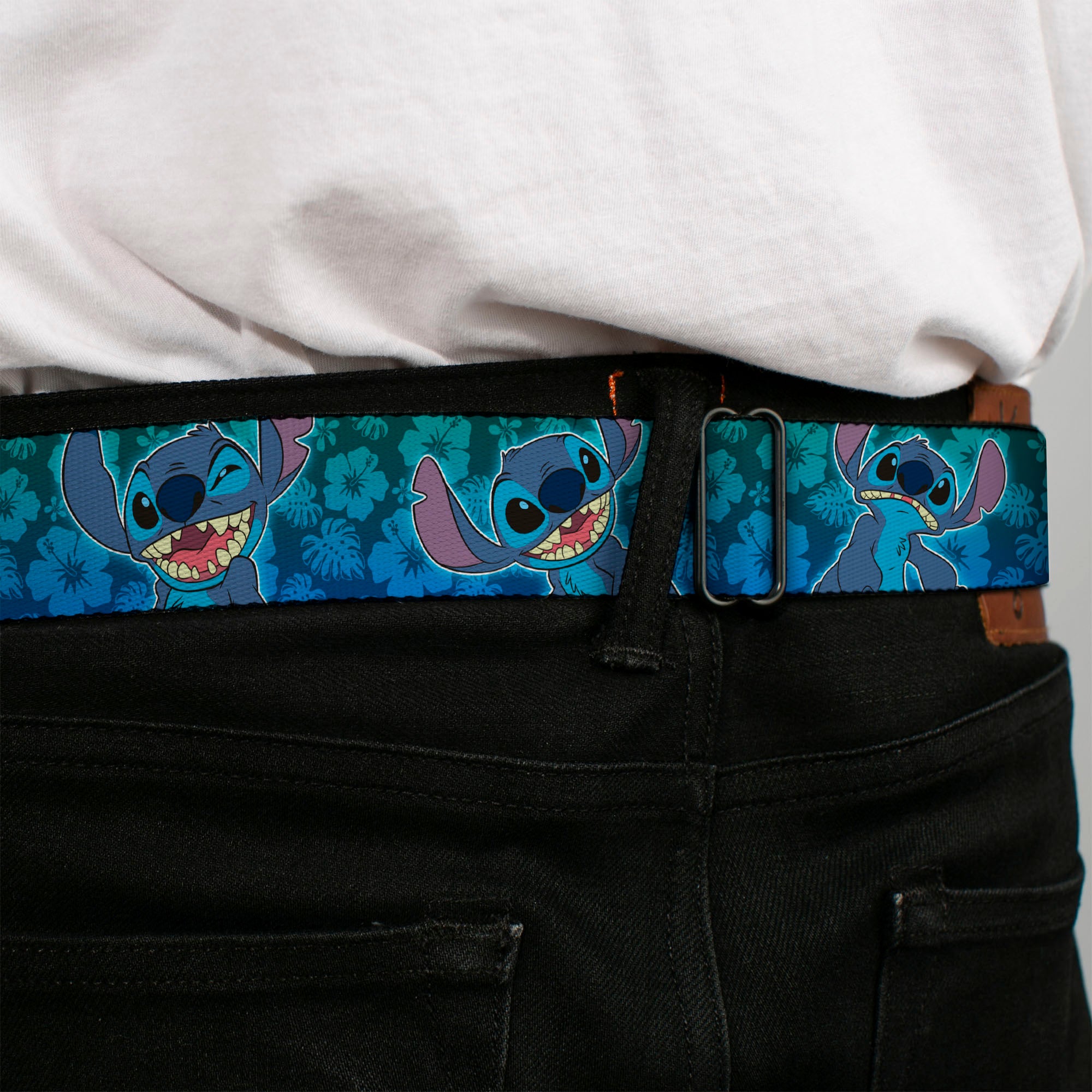 Stitch Smiling CLOSE-UP Full Color Black Seatbelt Belt - Stitch Expressions/Hibiscus Collage Green-Blue Fade Webbing Seatbelt Belts Disney