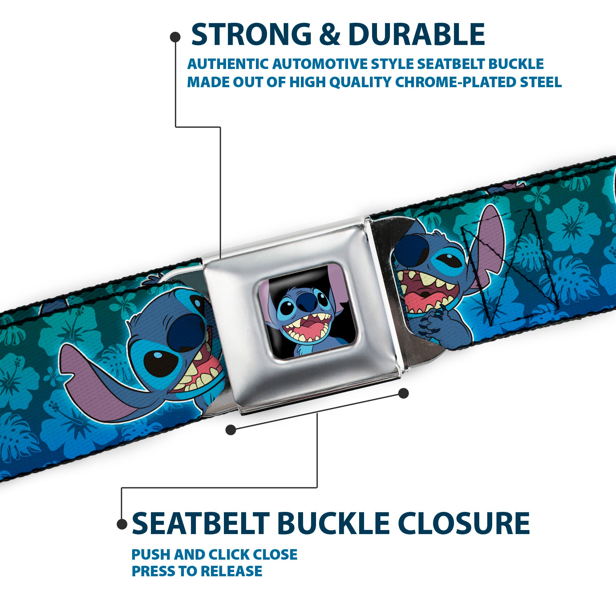 Stitch Smiling CLOSE-UP Full Color Black Seatbelt Belt - Stitch Expressions/Hibiscus Collage Green-Blue Fade Webbing Seatbelt Belts Disney