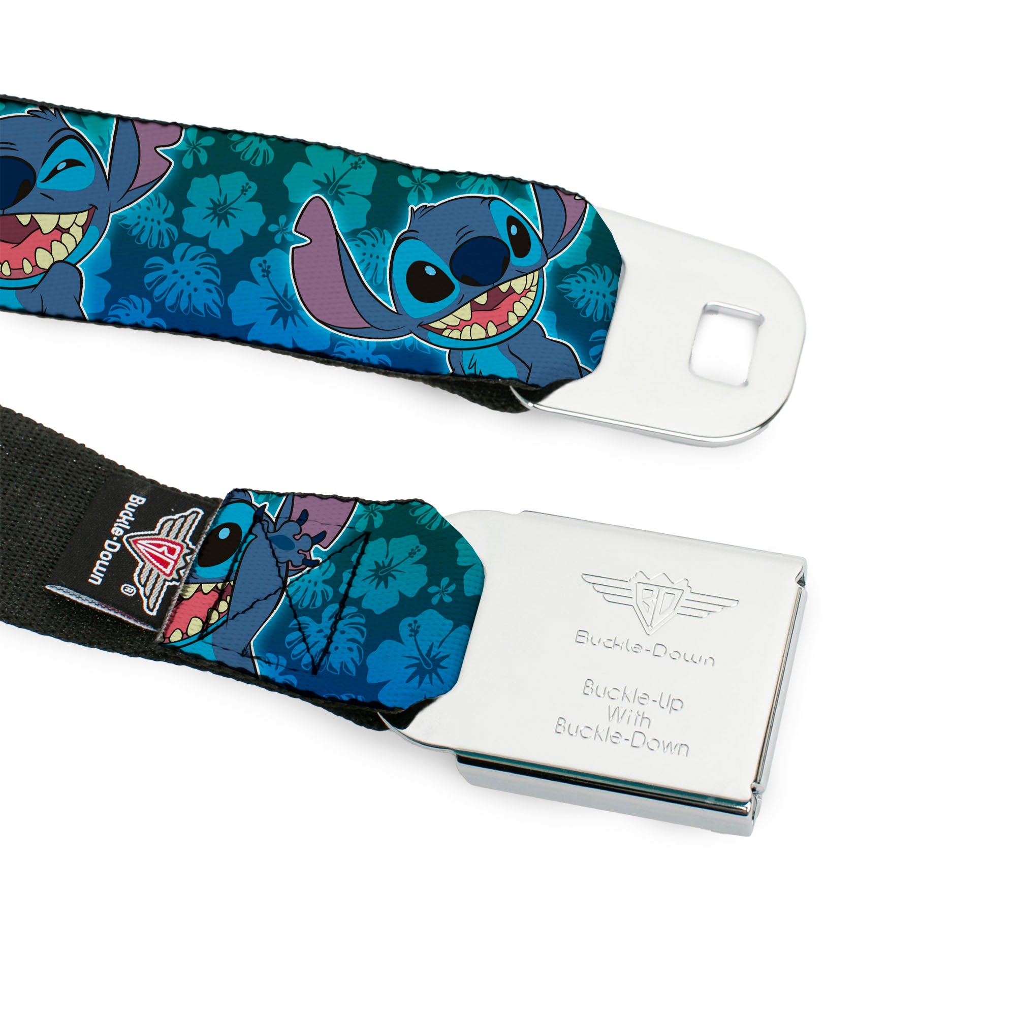 Stitch Smiling CLOSE-UP Full Color Black Seatbelt Belt - Stitch Expressions/Hibiscus Collage Green-Blue Fade Webbing Seatbelt Belts Disney