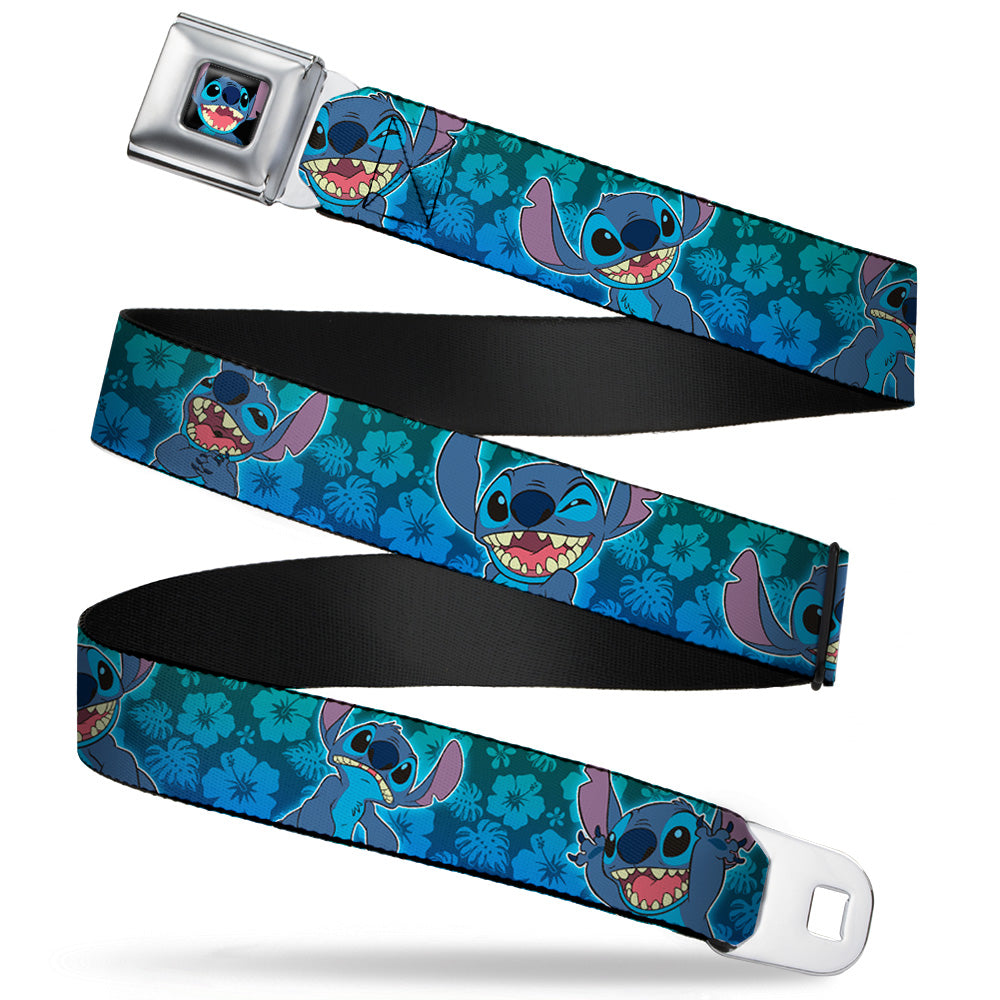 Stitch Smiling CLOSE-UP Full Color Seatbelt Belt - Stitch Expressions/Hibiscus Collage Green-Blue Fade Webbing Seatbelt Belts Disney