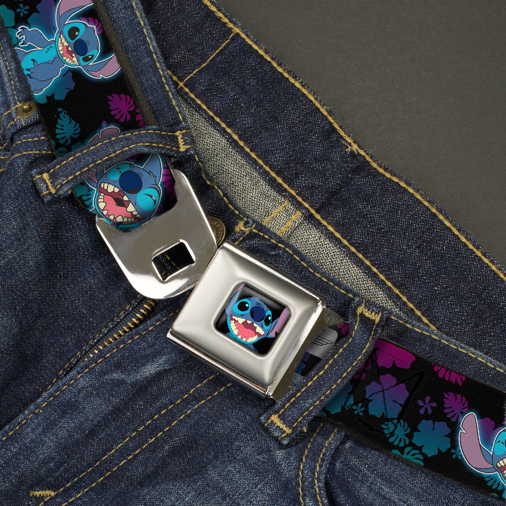 Stitch Smiling CLOSE-UP Full Color Seatbelt Belt - Stitch 2-Expressions/2-Poses Tropical Flora Black/Purple-Blue Fade Webbing Seatbelt Belts Disney