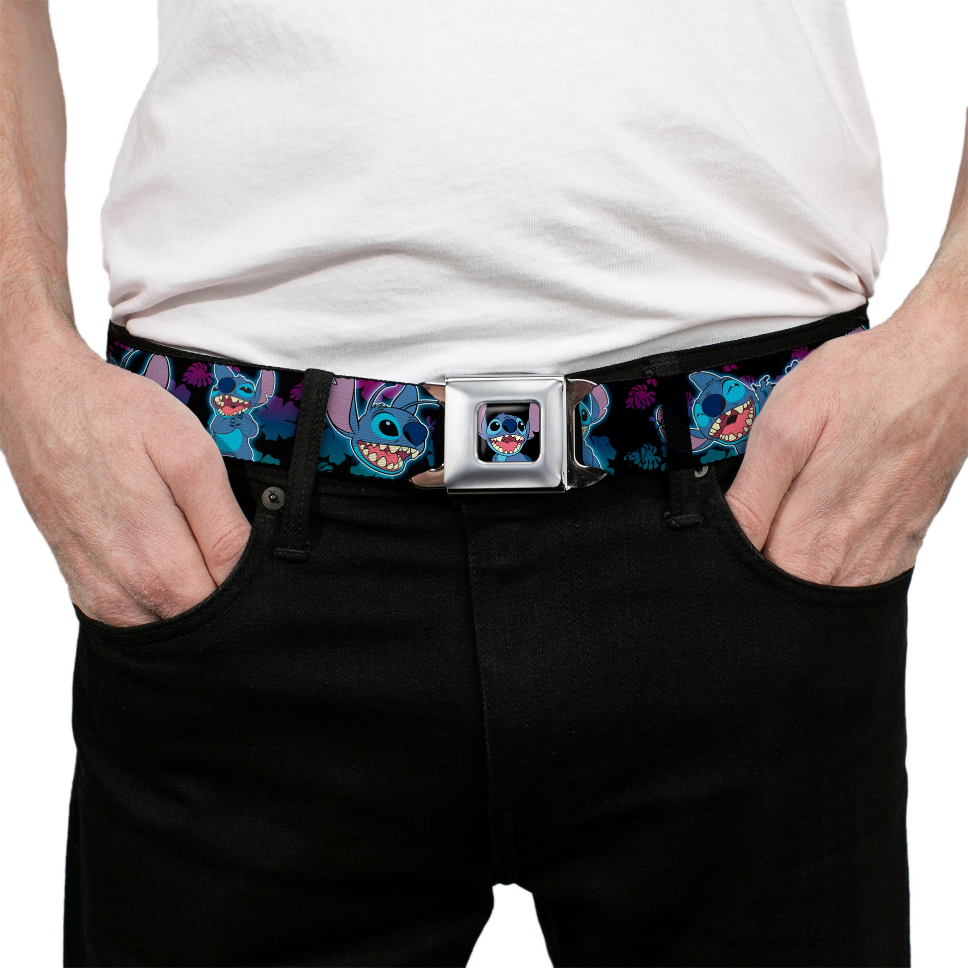 Stitch Smiling CLOSE-UP Full Color Seatbelt Belt - Stitch 2-Expressions/2-Poses Tropical Flora Black/Purple-Blue Fade Webbing Seatbelt Belts Disney