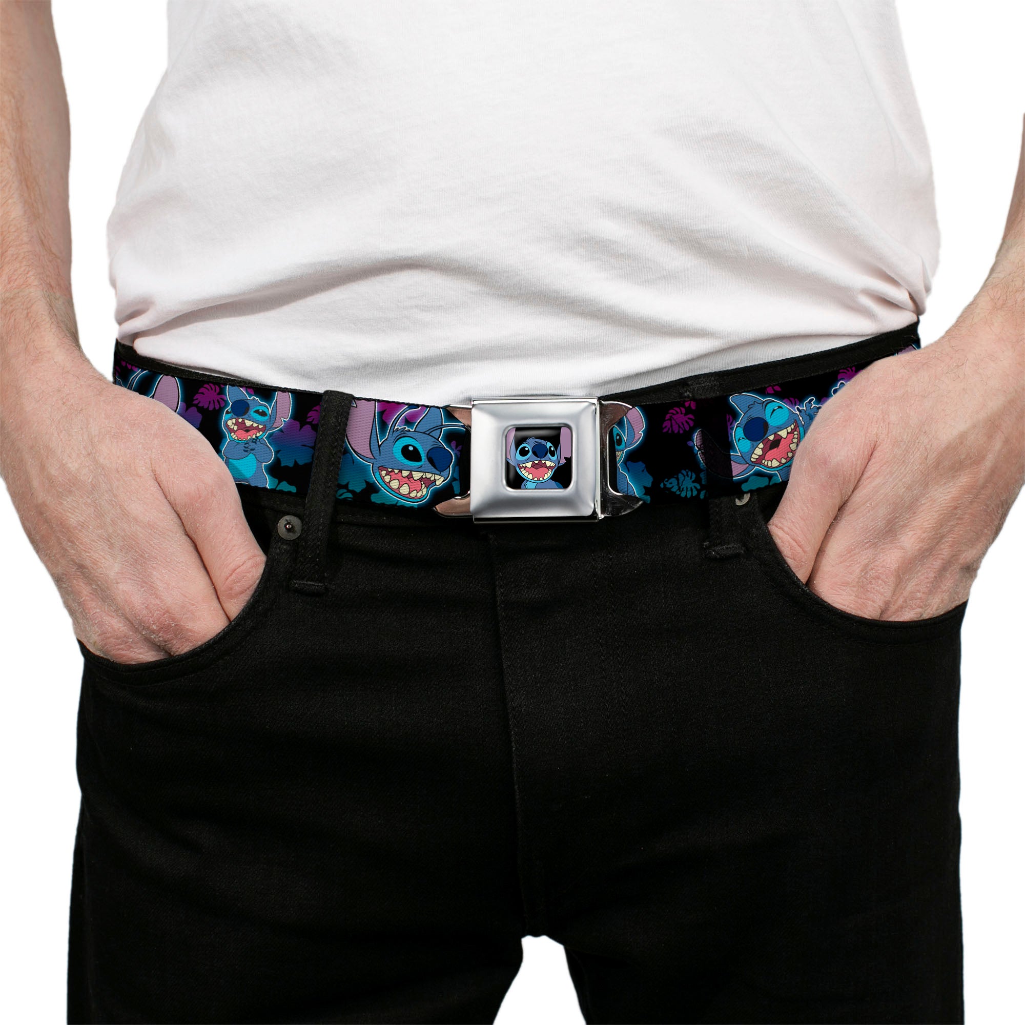 Stitch Smiling CLOSE-UP Full Color Seatbelt Belt - Stitch 2-Expressions/2-Poses Tropical Flora Black/Purple-Blue Fade Webbing Seatbelt Belts Disney