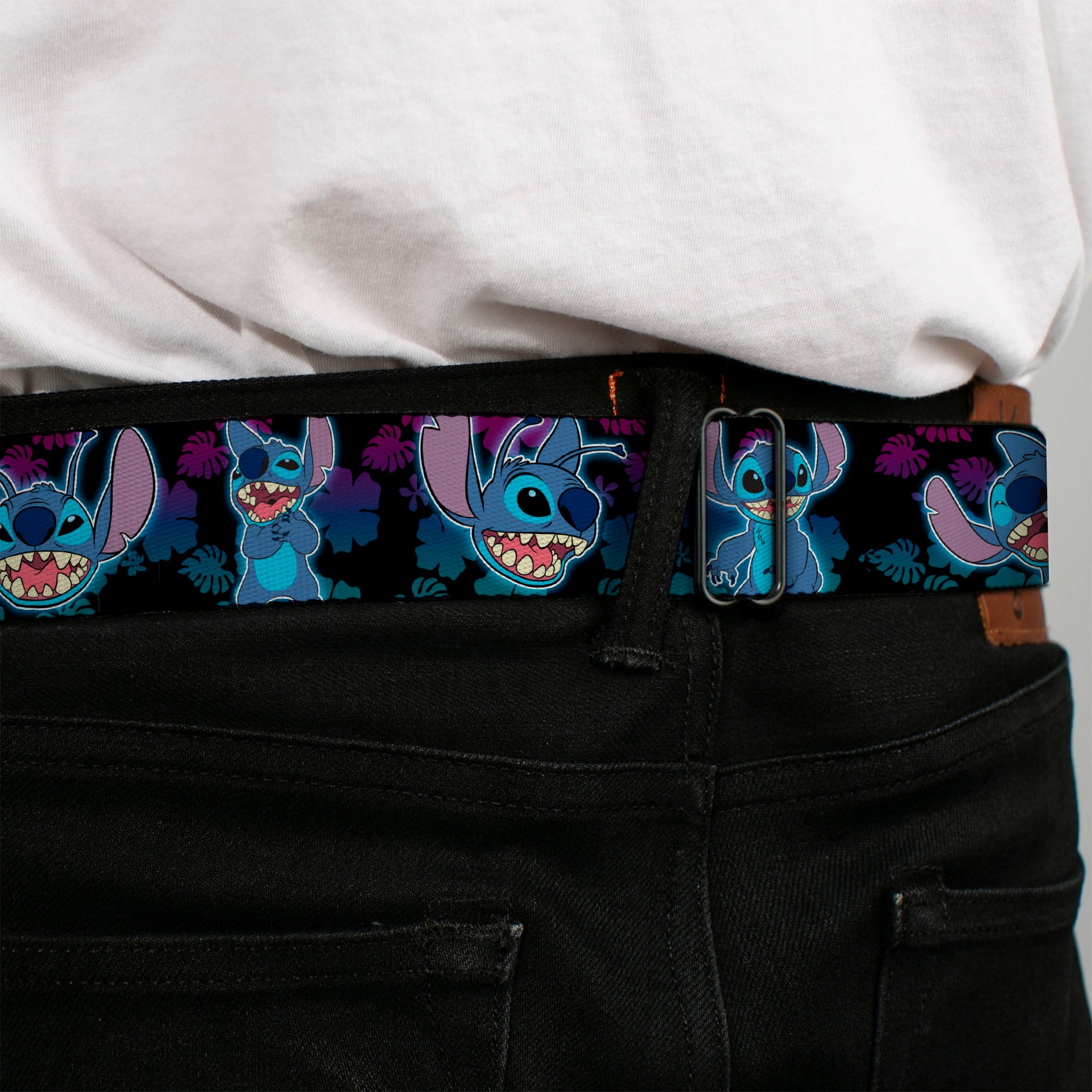 Stitch Smiling CLOSE-UP Full Color Black Seatbelt Belt - Stitch 2-Expressions/2-Poses Tropical Flora Black/Purple-Blue Fade Webbing Seatbelt Belts Disney
