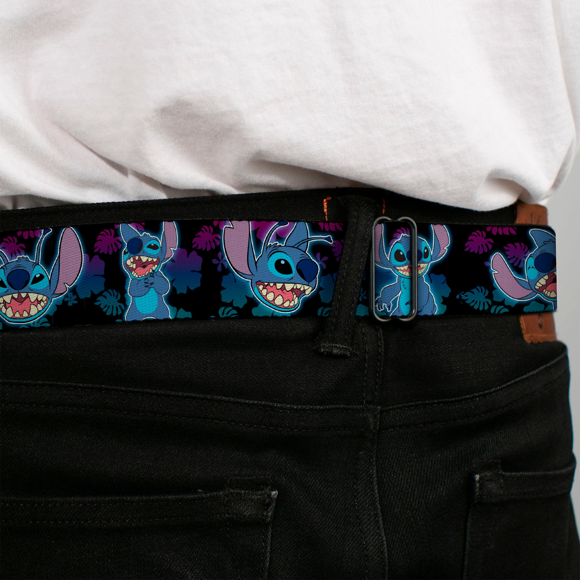 Stitch Smiling CLOSE-UP Full Color Seatbelt Belt - Stitch 2-Expressions/2-Poses Tropical Flora Black/Purple-Blue Fade Webbing Seatbelt Belts Disney
