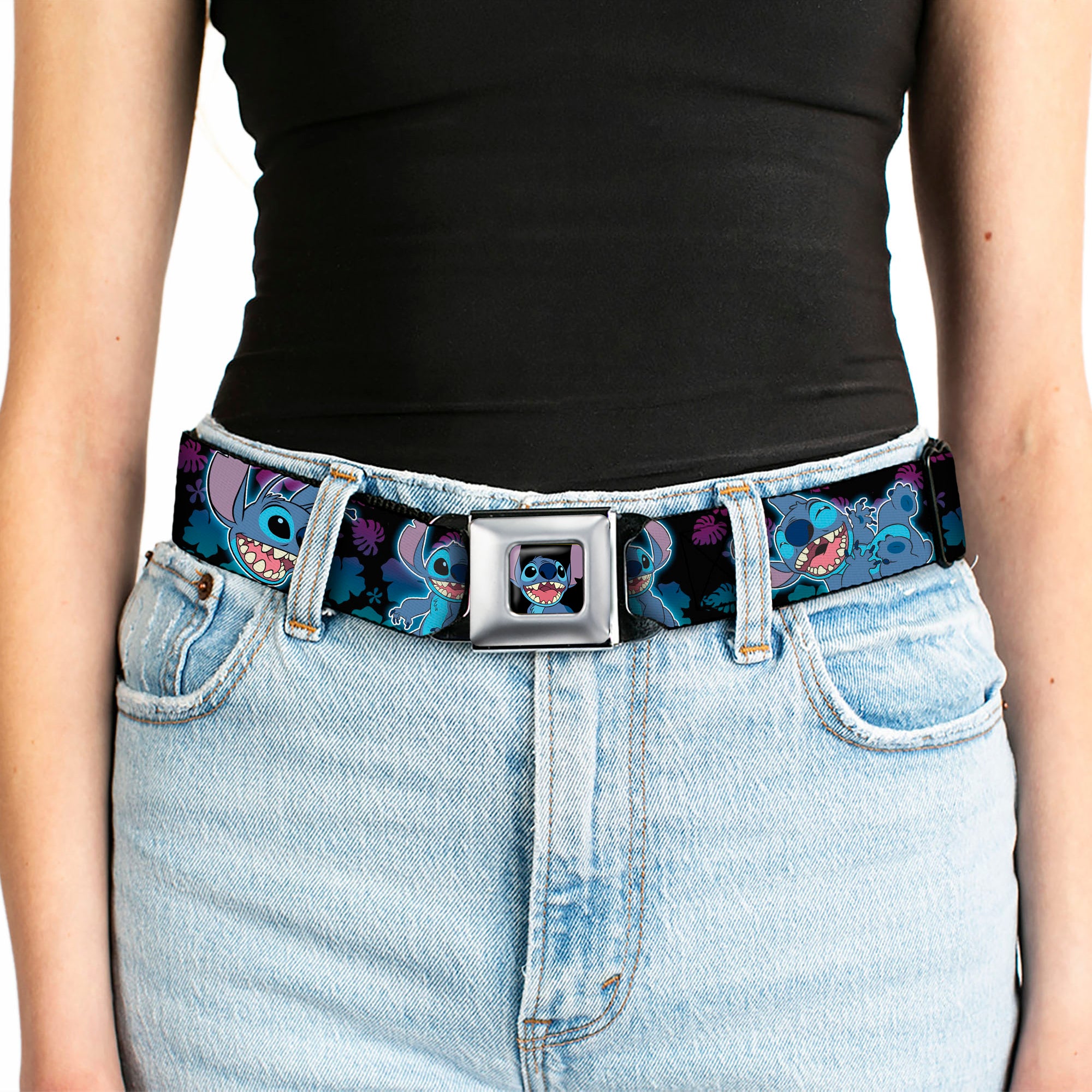 Stitch Smiling CLOSE-UP Full Color Black Seatbelt Belt - Stitch 2-Expressions/2-Poses Tropical Flora Black/Purple-Blue Fade Webbing Seatbelt Belts Disney
