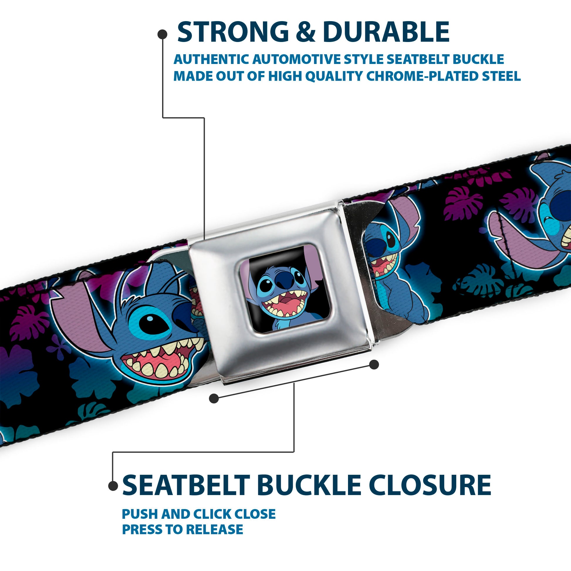 Stitch Smiling CLOSE-UP Full Color Seatbelt Belt - Stitch 2-Expressions/2-Poses Tropical Flora Black/Purple-Blue Fade Webbing Seatbelt Belts Disney