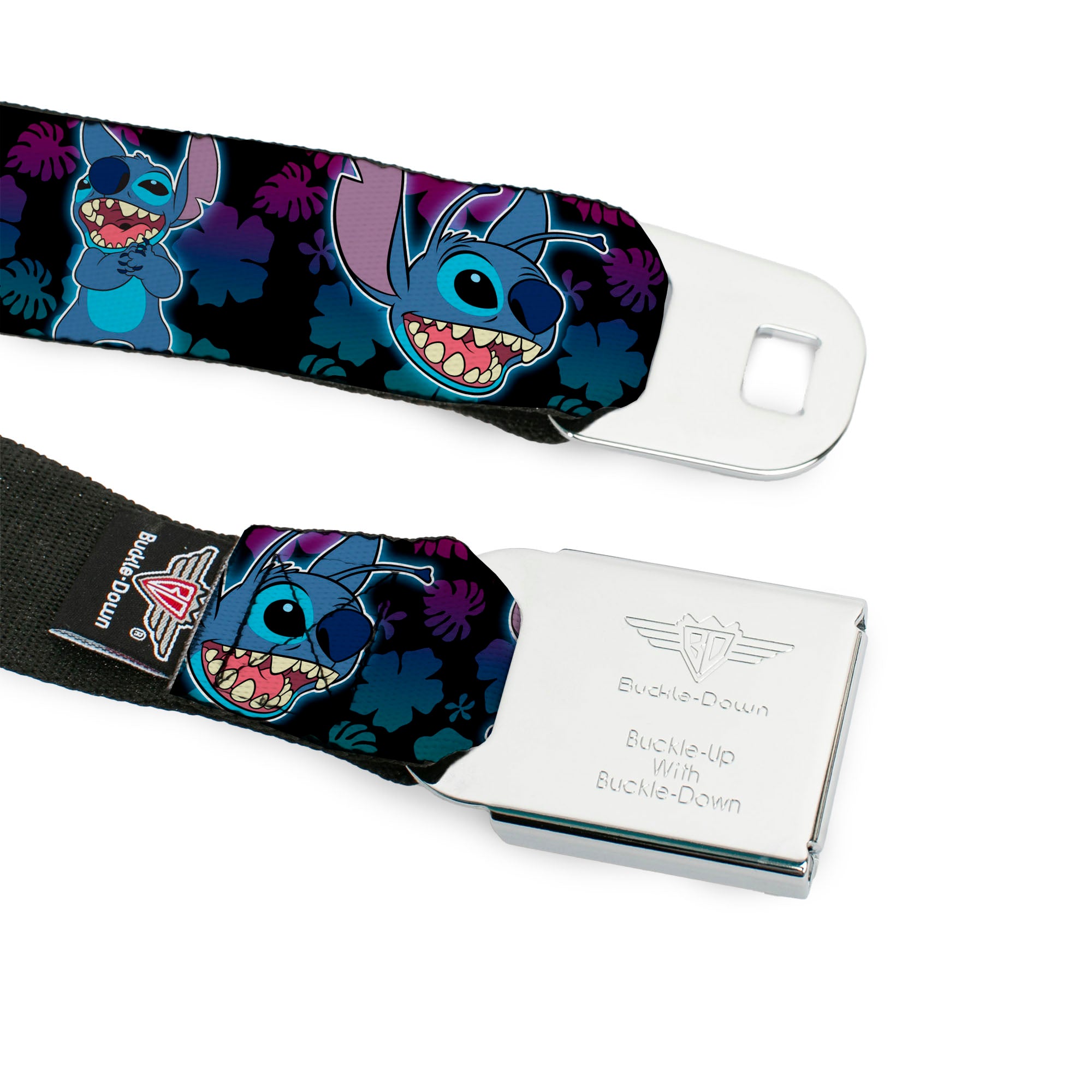 Stitch Smiling CLOSE-UP Full Color Seatbelt Belt - Stitch 2-Expressions/2-Poses Tropical Flora Black/Purple-Blue Fade Webbing Seatbelt Belts Disney
