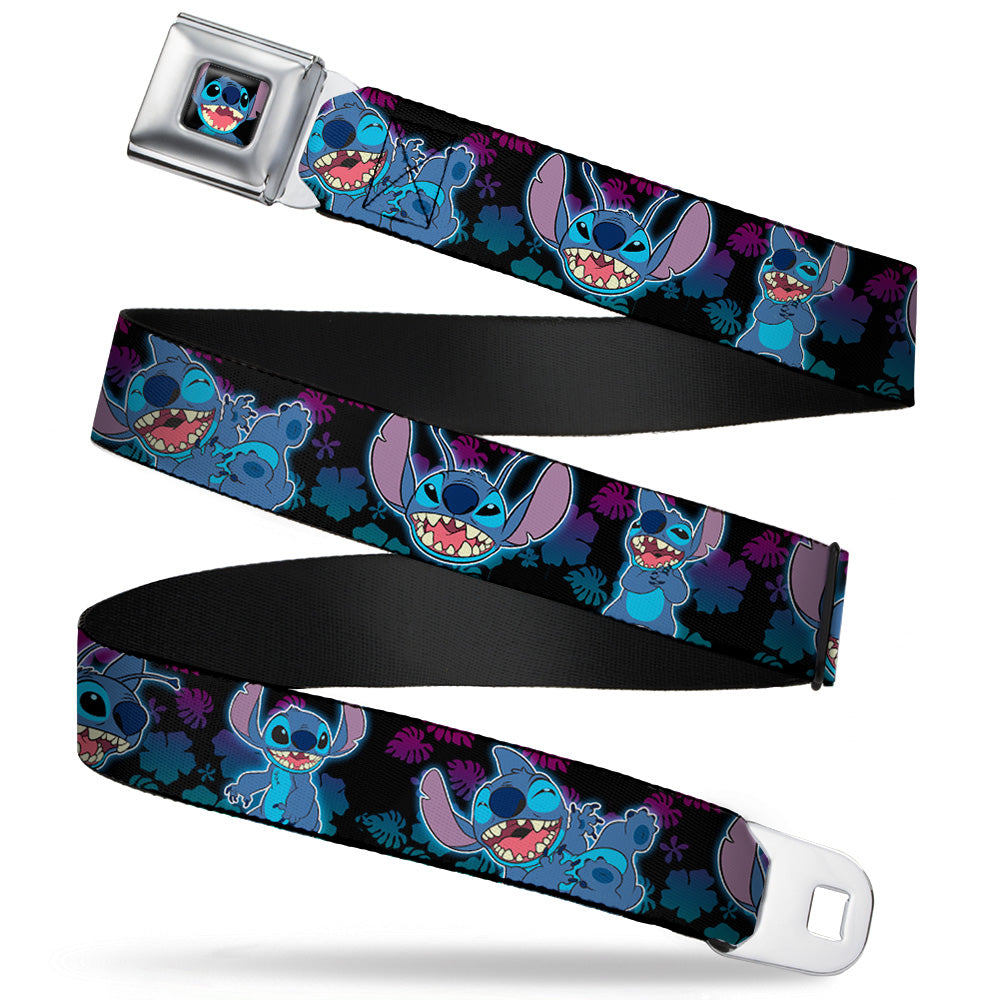 Stitch Smiling CLOSE-UP Full Color Seatbelt Belt - Stitch 2-Expressions/2-Poses Tropical Flora Black/Purple-Blue Fade Webbing Seatbelt Belts Disney