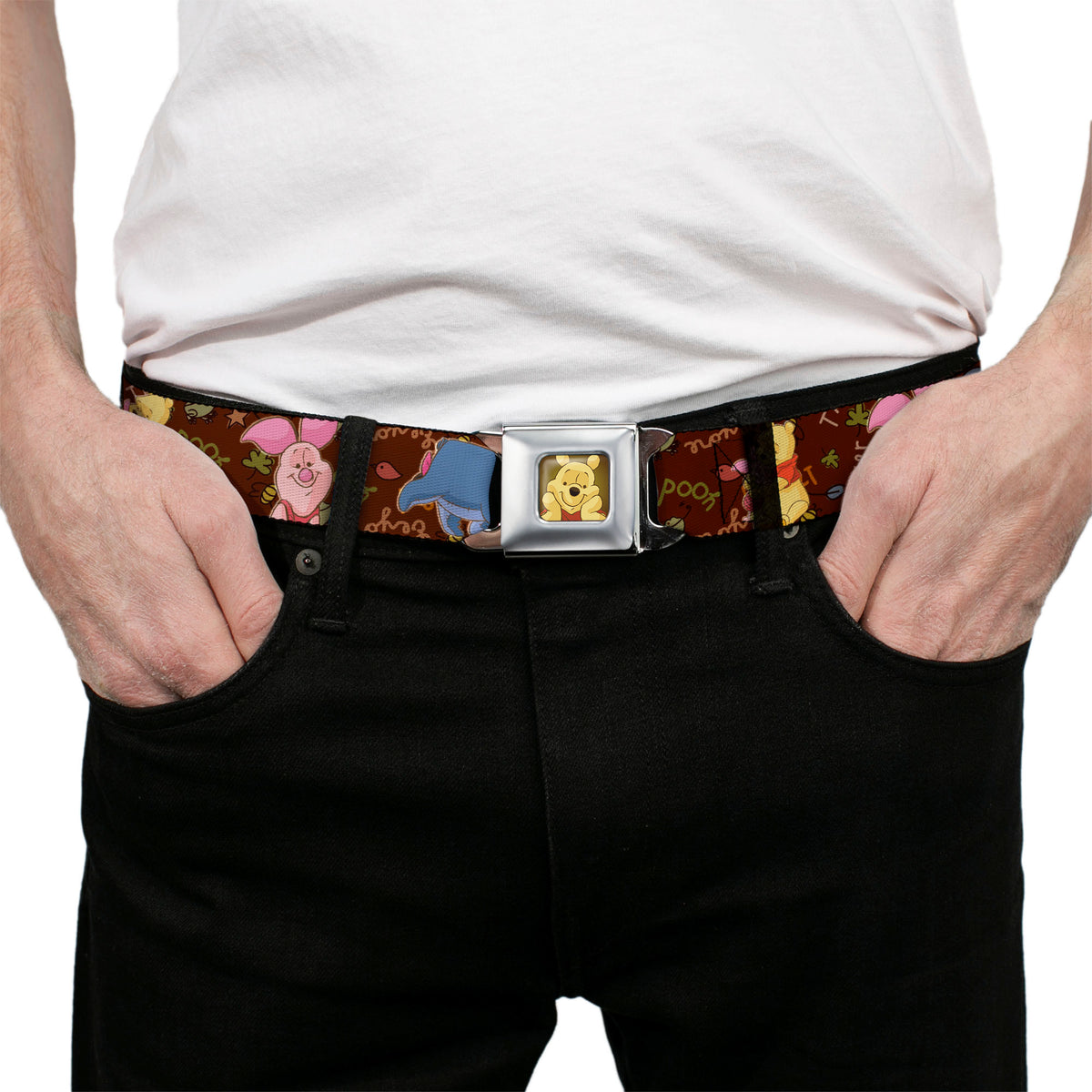 Winnie the Pooh Face Full Color Radial Brown Fade Seatbelt Belt - Winnie the Pooh Character Poses Webbing