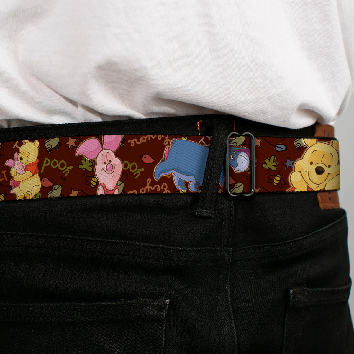 Winnie the Pooh Face Full Color Radial Brown Fade Seatbelt Belt - Winnie the Pooh Character Poses Webbing