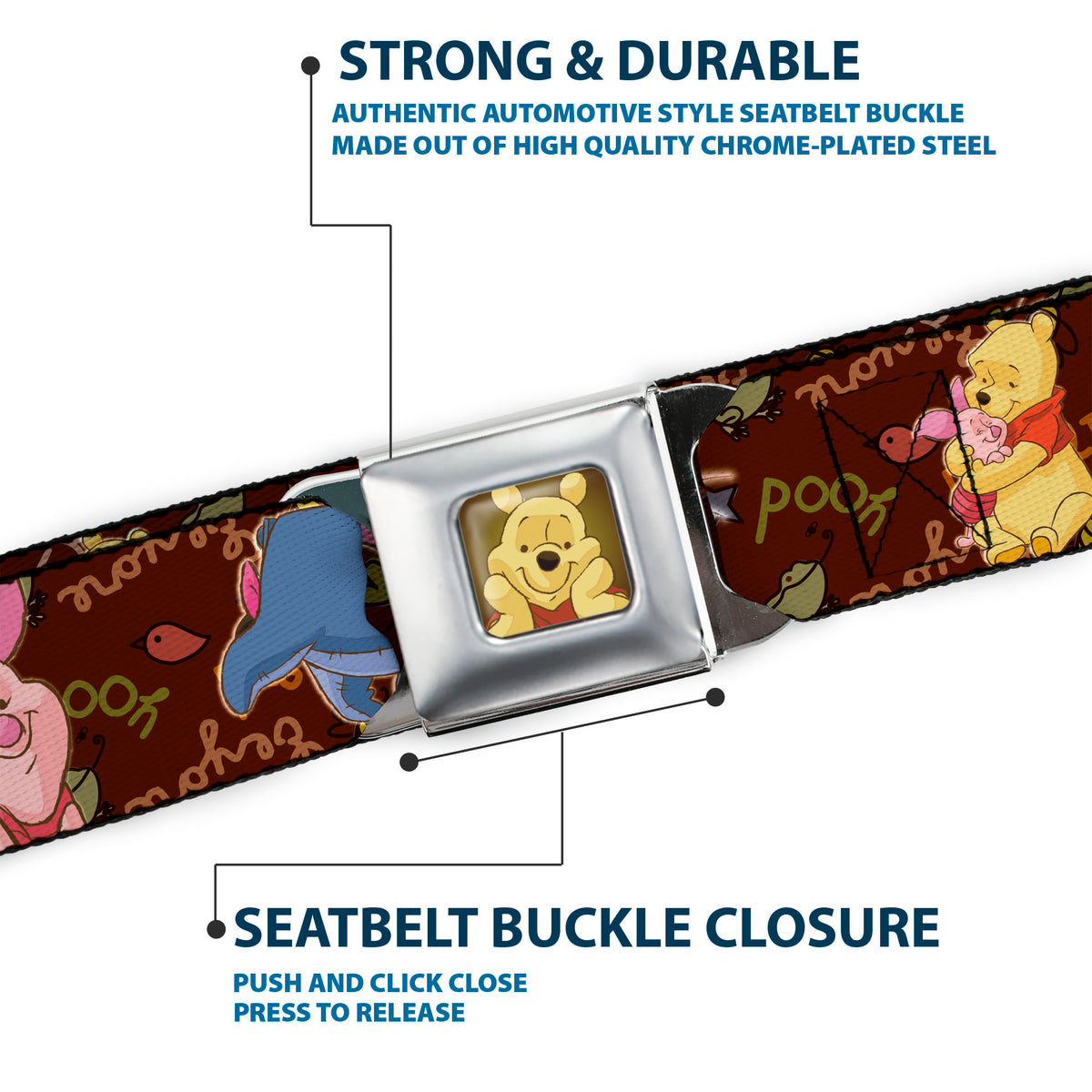 Winnie the Pooh Face Full Color Radial Brown Fade Seatbelt Belt - Winnie the Pooh Character Poses Webbing