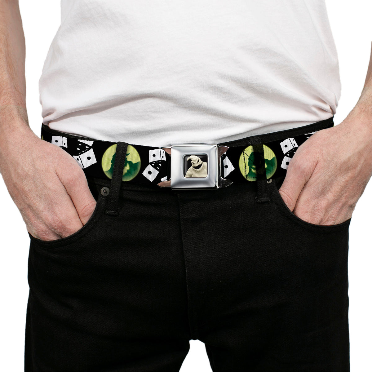 Oogie Boogie CLOSE-UP2 Full Color Seatbelt Belt - Oogie Boogie Moon Shadow/Rolling Dice Black/White Webbing
